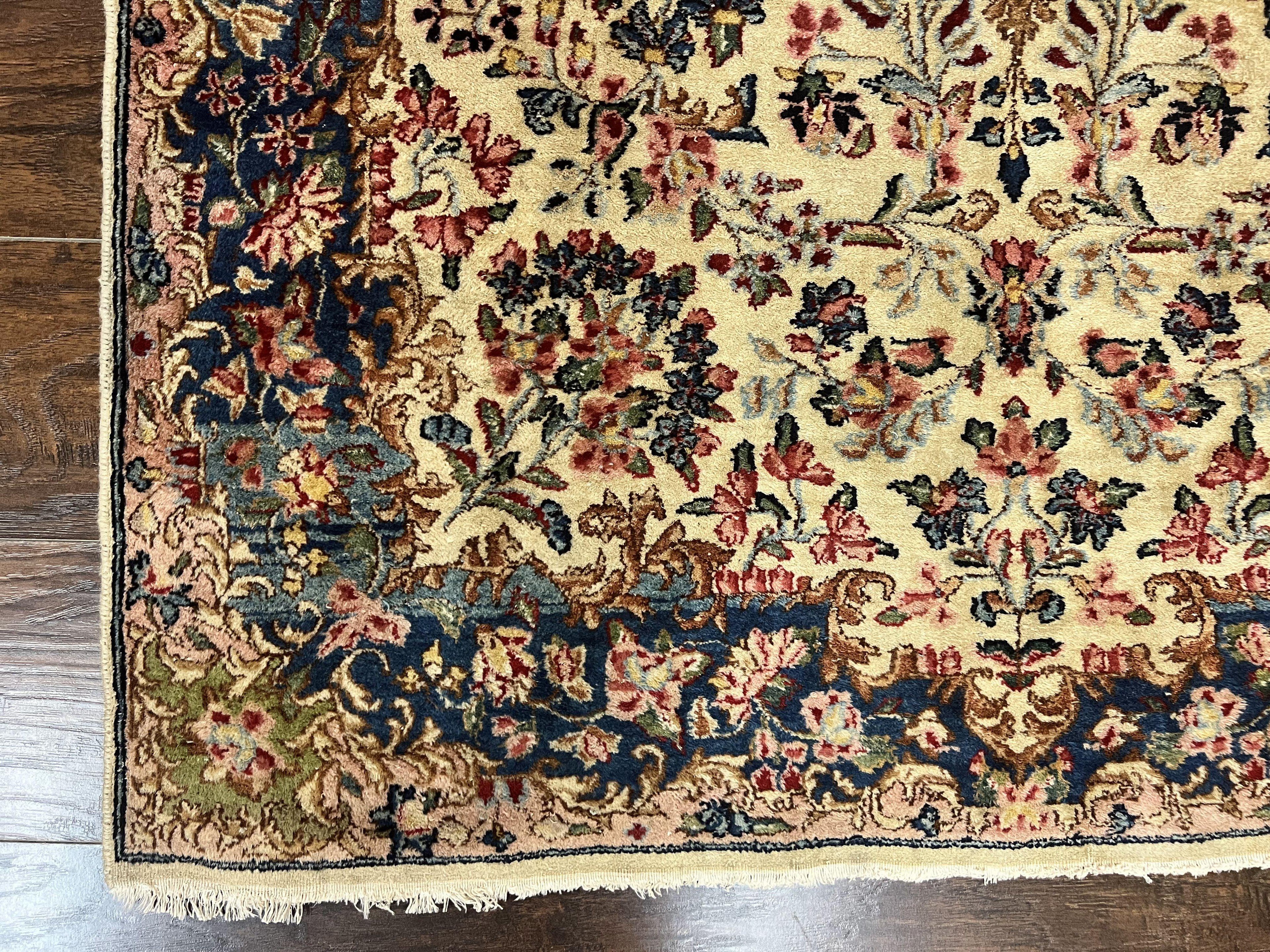 Antique Persian Kirman Rug 4x7, Cream and Navy Blue, Hand Knotted Wool Floral Carpet