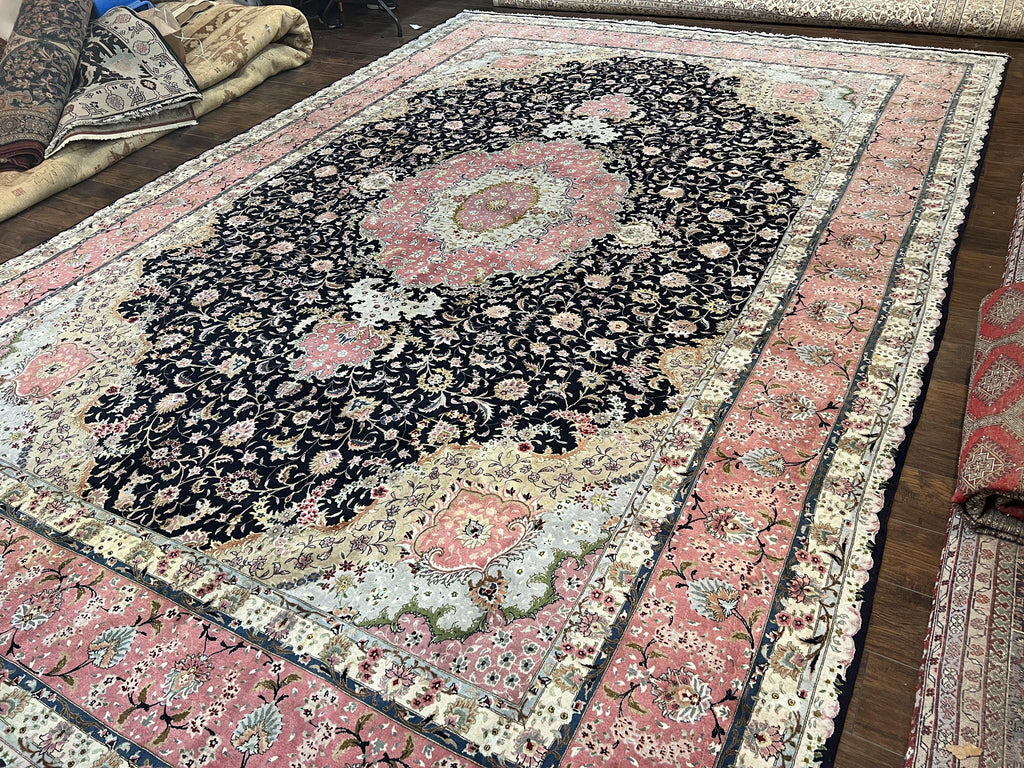 Magnificent Persian Tabriz Rug 11x16, Oversized Persian Carpet 11 x 16 ft, Wool on Silk Finely Hand Knotted, 450 KPSI, Floral Medallion, Black Pink