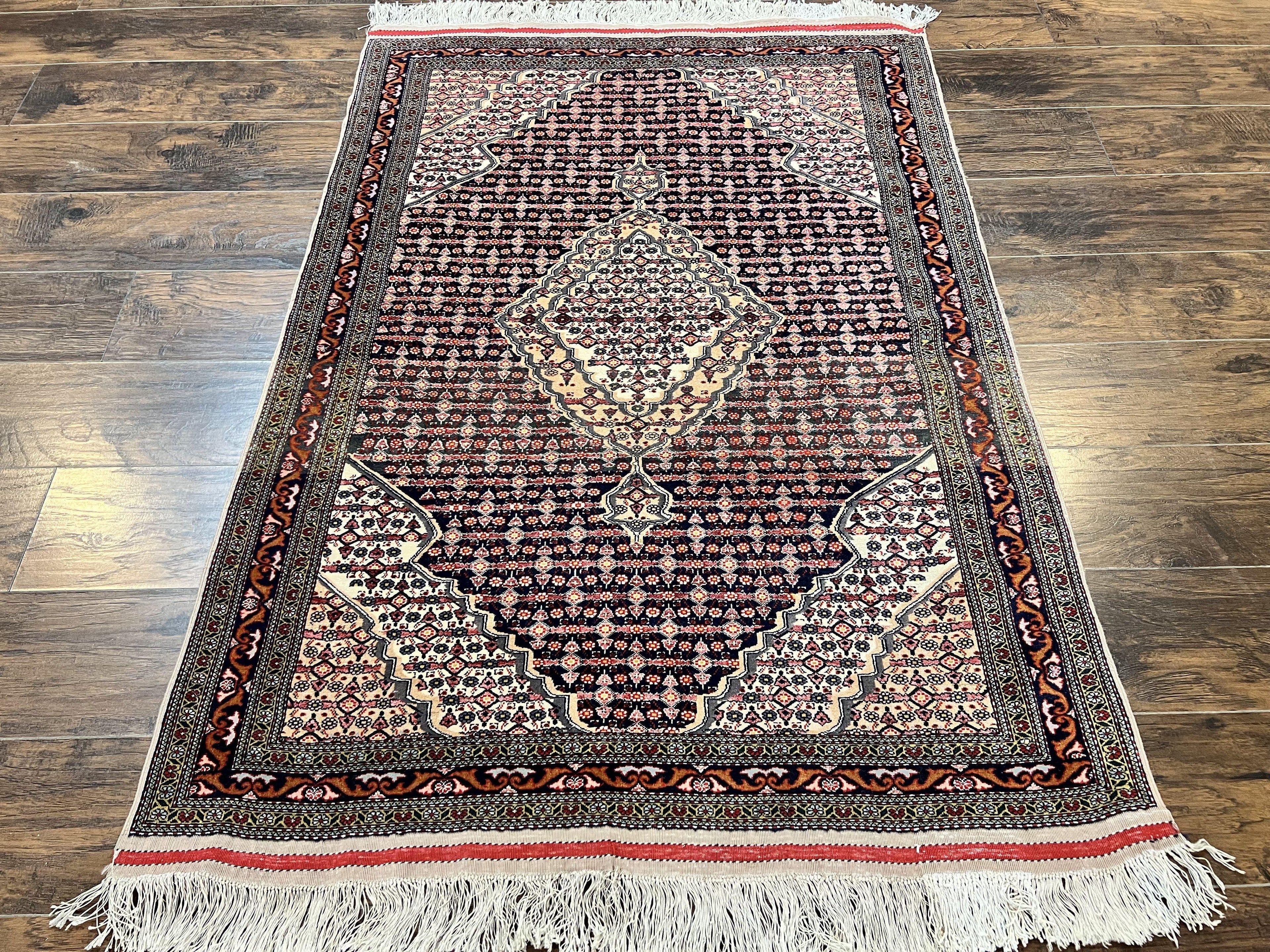 Afghan Rug 4x5, Wool with Silk Highlights, Very Fine Hand Knotted Vintage Oriental Carpet, Herati Pattern, Persian Rug, Bidjar Rug, 400 KPSI