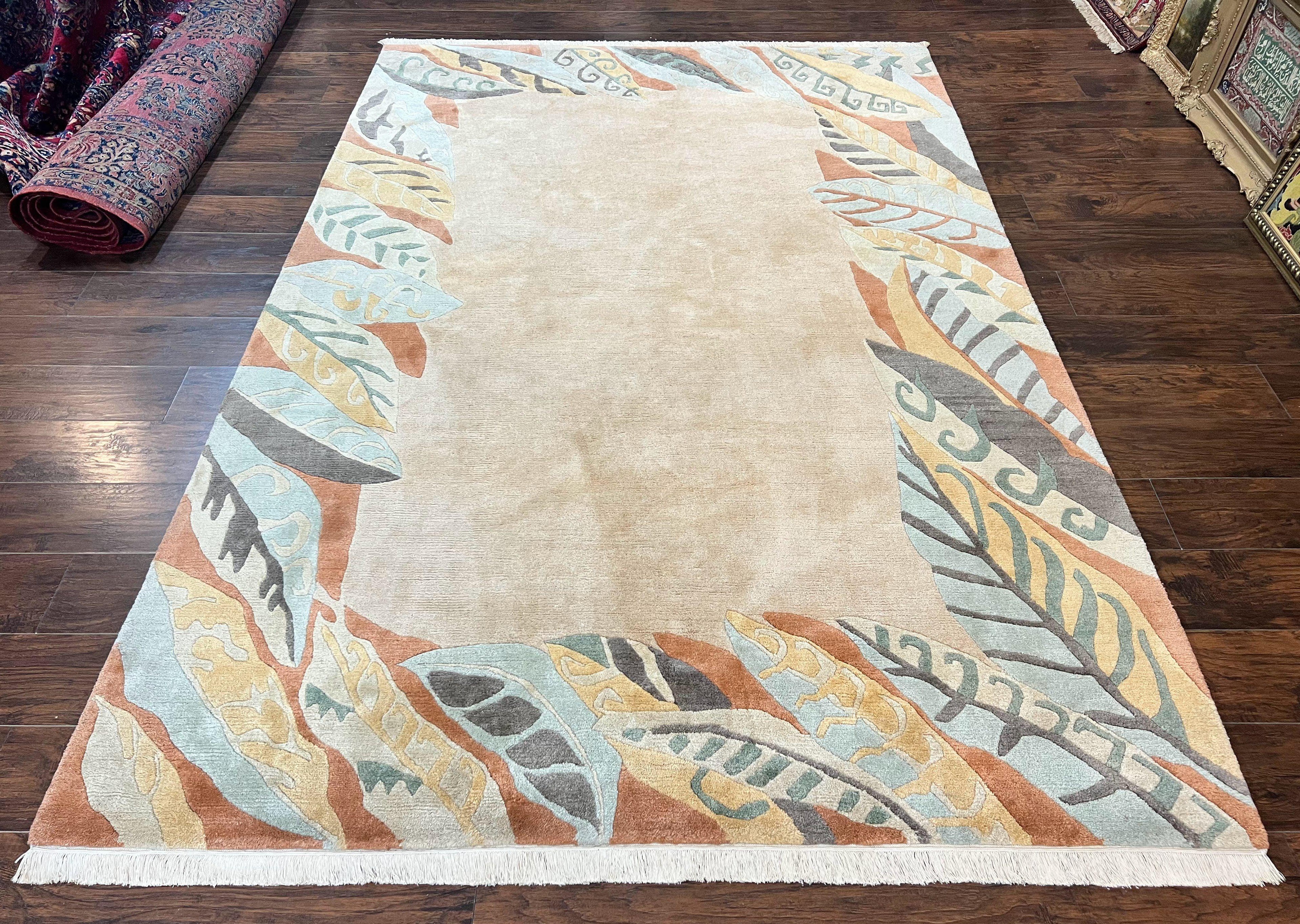Modern Tibetan Rug 7x10, Soft Wool, Tufenkian Style Carpet, Tibet Nepali Rug, Open Field, Handmade Wool Rug