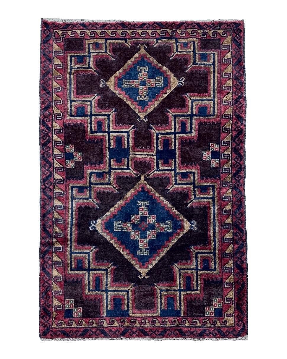 2'11" X 4'6" Vintage Handmade Tribal Wool Rug Balouchi Rug Afghan Rug Geometric