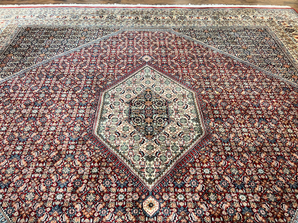 Square Indo Persian Bidjar Rug 10x10, Red, Handmade Vintage Wool Carpet