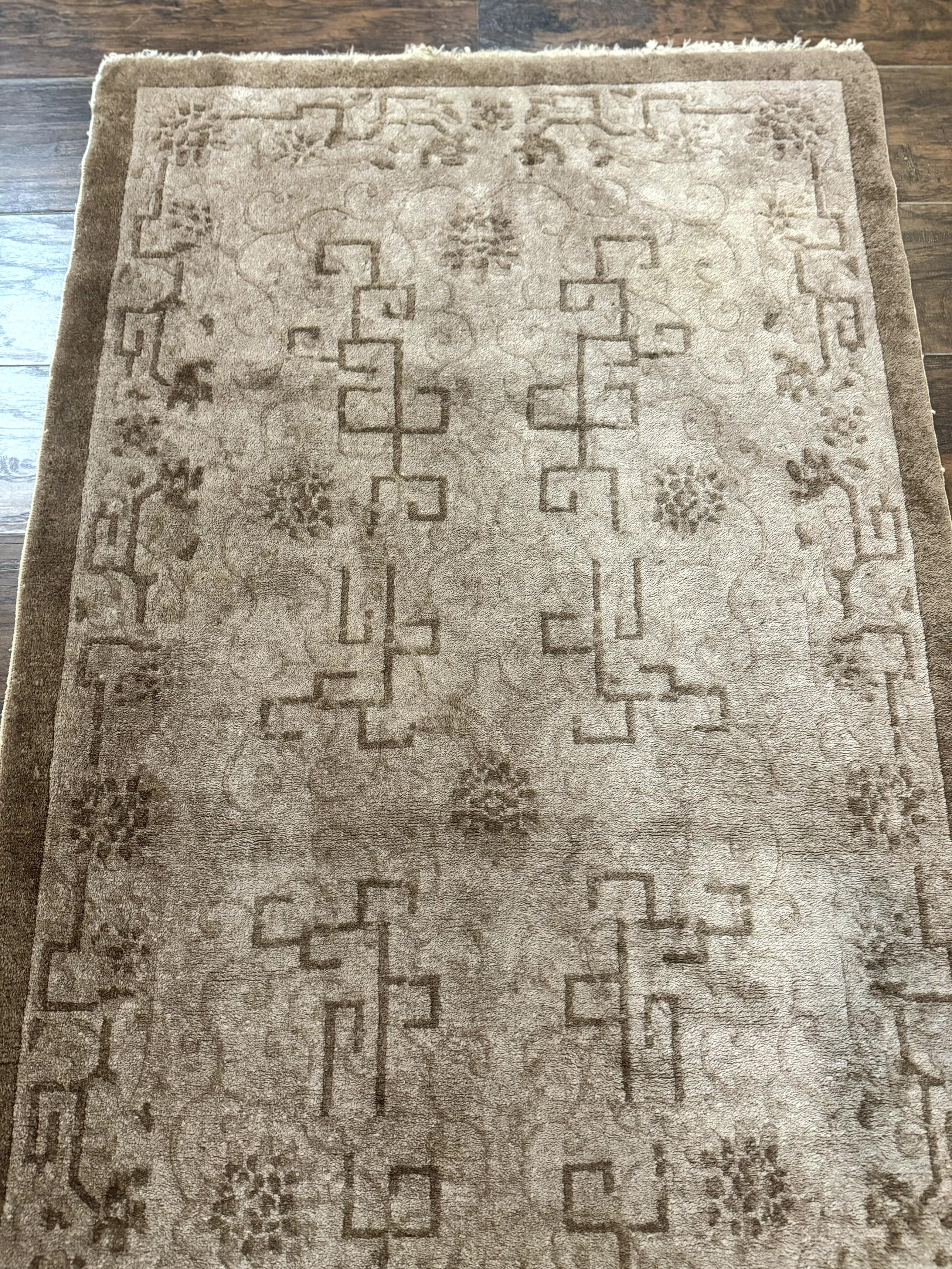 Antique Chinese Fette Rug 3x6, Taupe, Handmade Wool Chinese Carpet