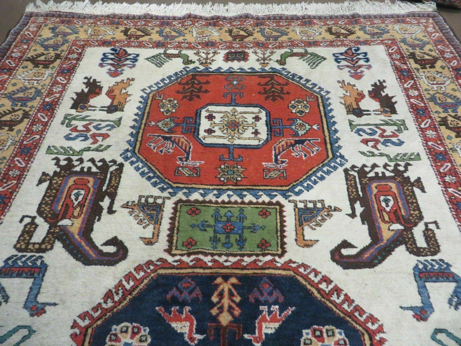 7' X 10' Vintage Handmade Knotted Turkish Wool Rug Birds Animal Ivory Organic