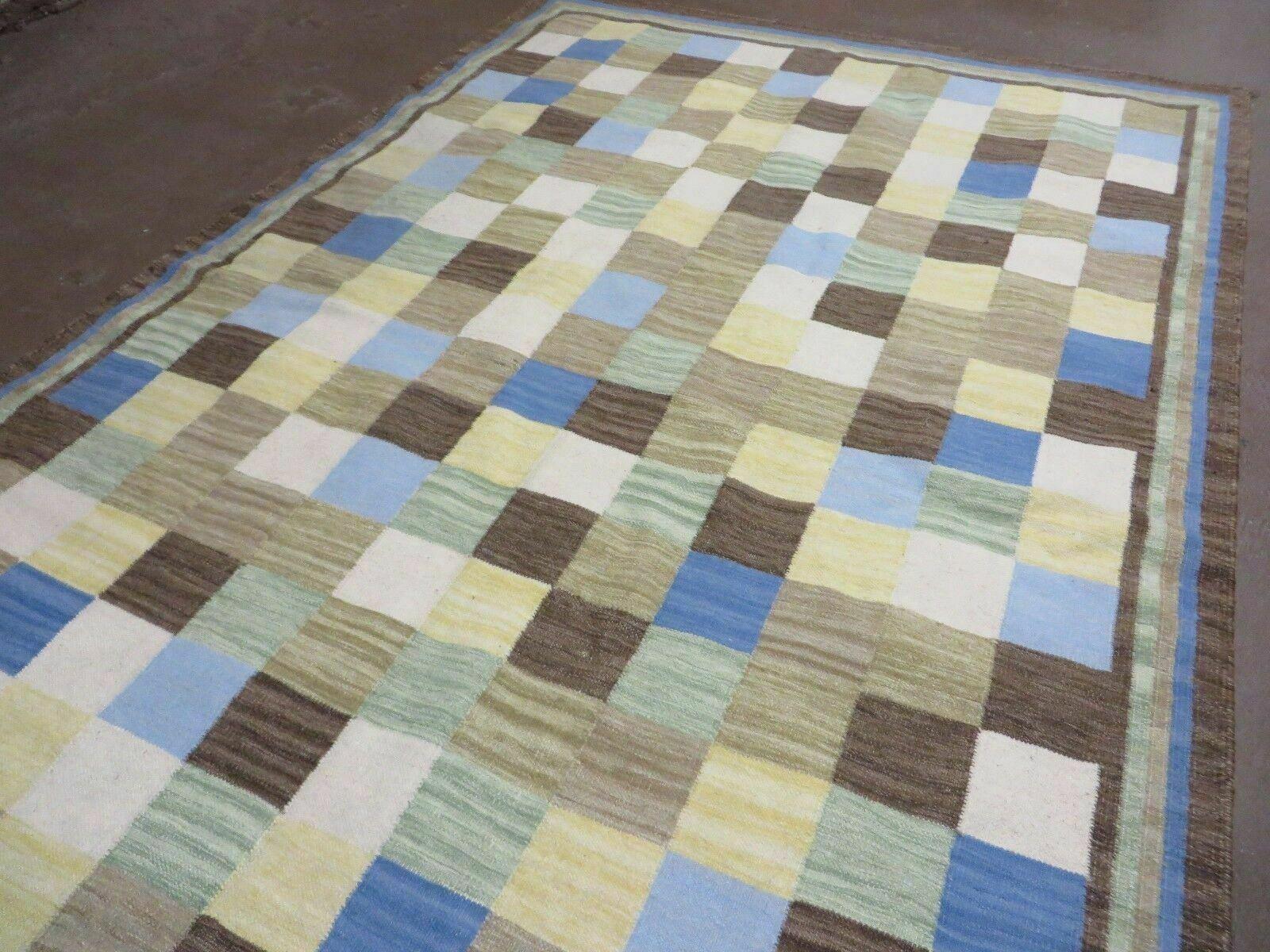 5' X 8' Hand-knotted Kilim Dhurrie Wool Cotton Rug Flat Weave Carpet Checkered Pattern Colorful Multicolor