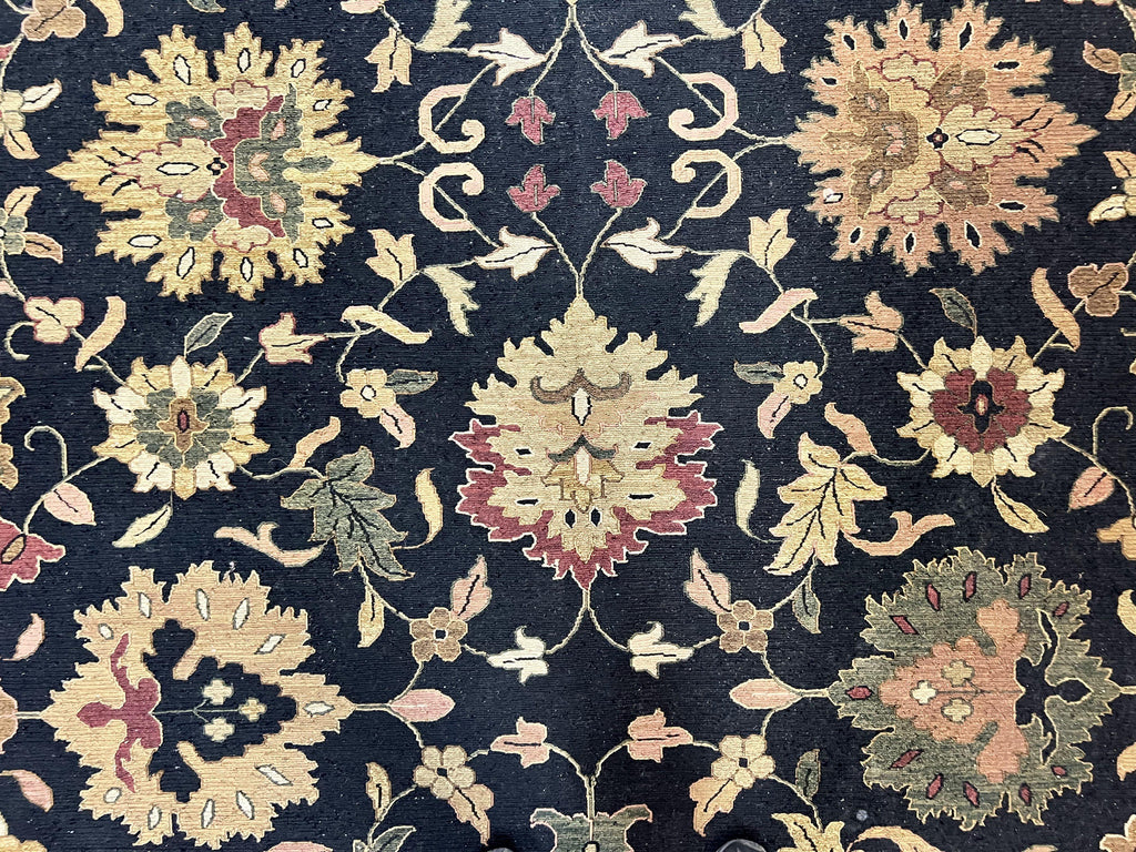 Indo Persian Rug 10x14, Wool Handmade Room Sized Floral Oriental Carpet, Indian Mahal Flatweave Rug, Black Beige