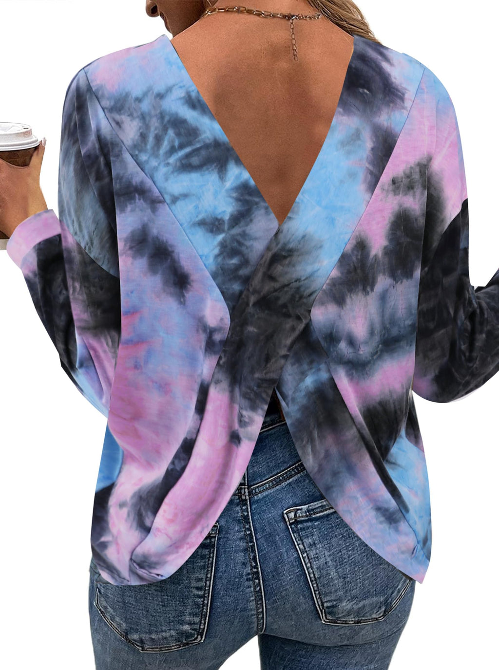 LilyCoco Long Sleeve Open Back Criss Cross Tie Dye Top Black Size L