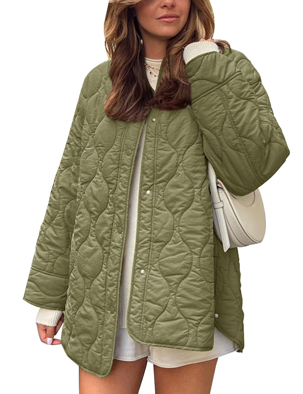 Flygo Women's Oversized Quilted Lightweight Puffer Jacket Green Size L