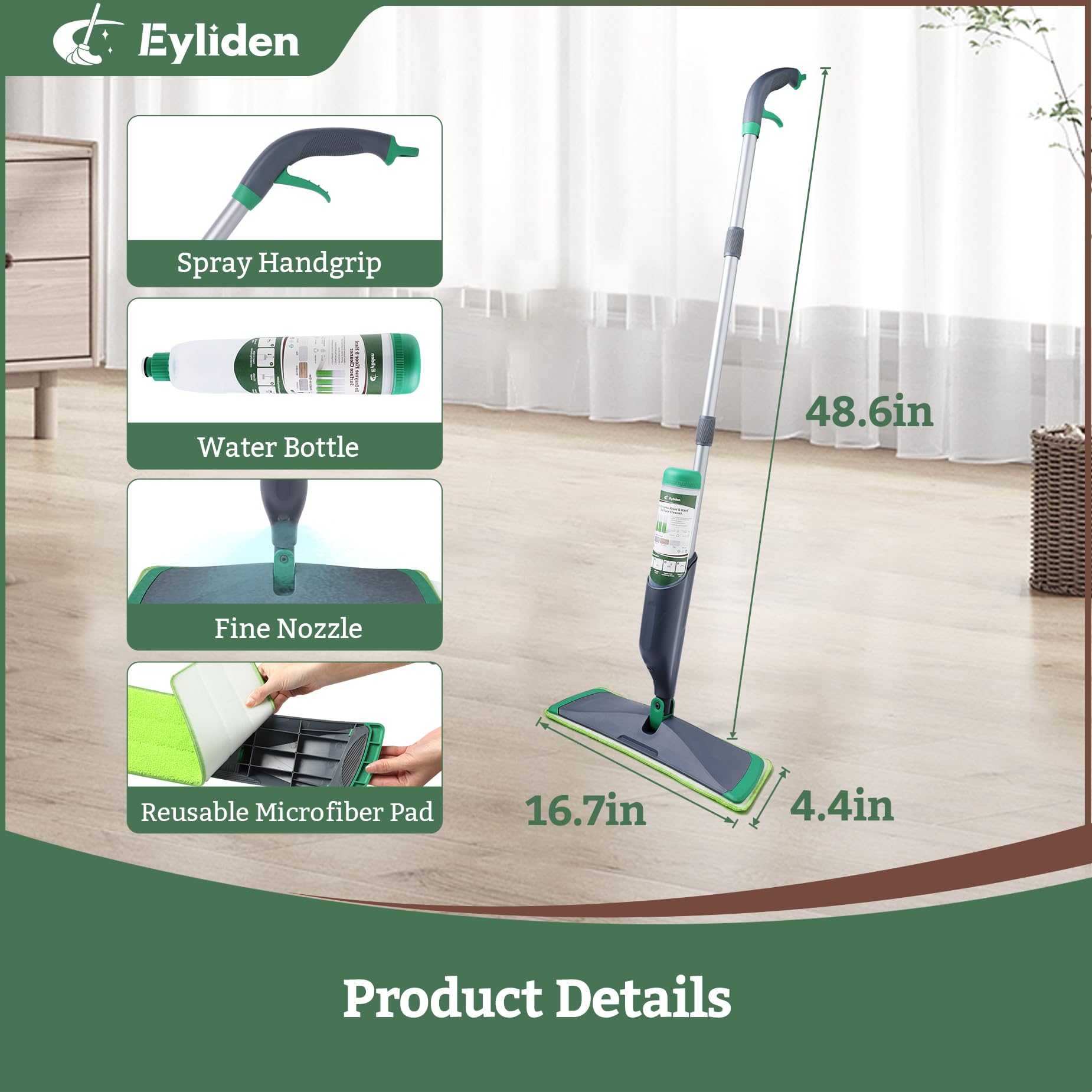 Eyliden Spray Mop Green+Grey with 40ml Bio-Enzyme Cleaner, 2 Microfiber Pads