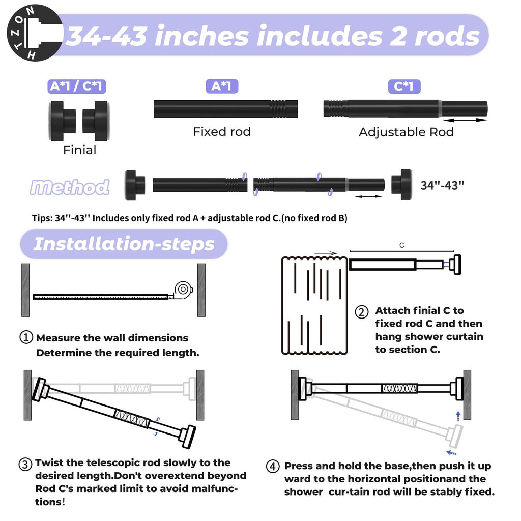 HTZON Adjustable Tension Shower Curtain Rod 34-43in Black Heavy Duty Iron