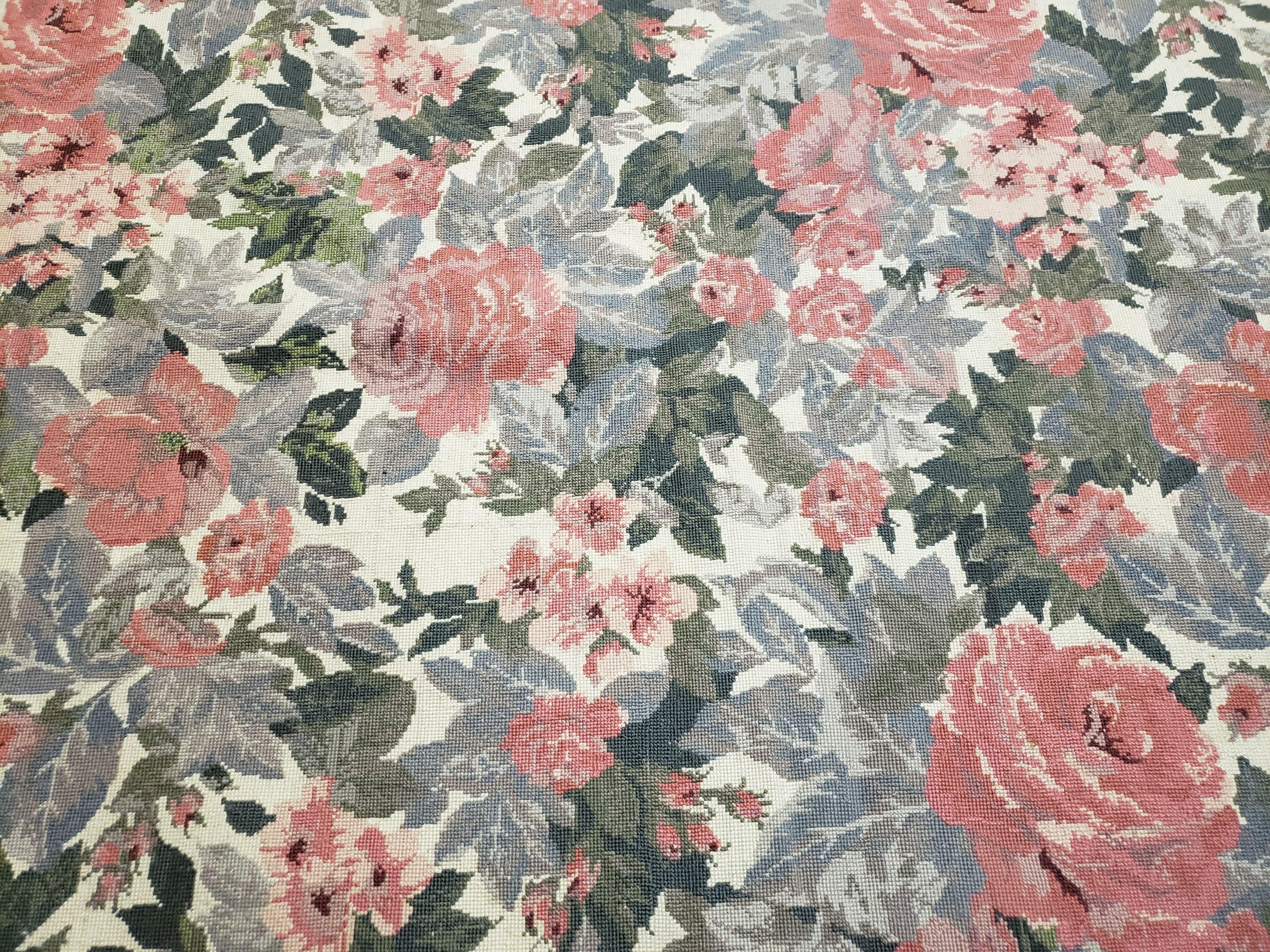 5x8 Needlepoint Rug 5' 4" x 8' 3" Wool Flat Weave Floral New Unused Carpet English Design Ivory Large Pink Flowers Green Leaves Hand-Knotted