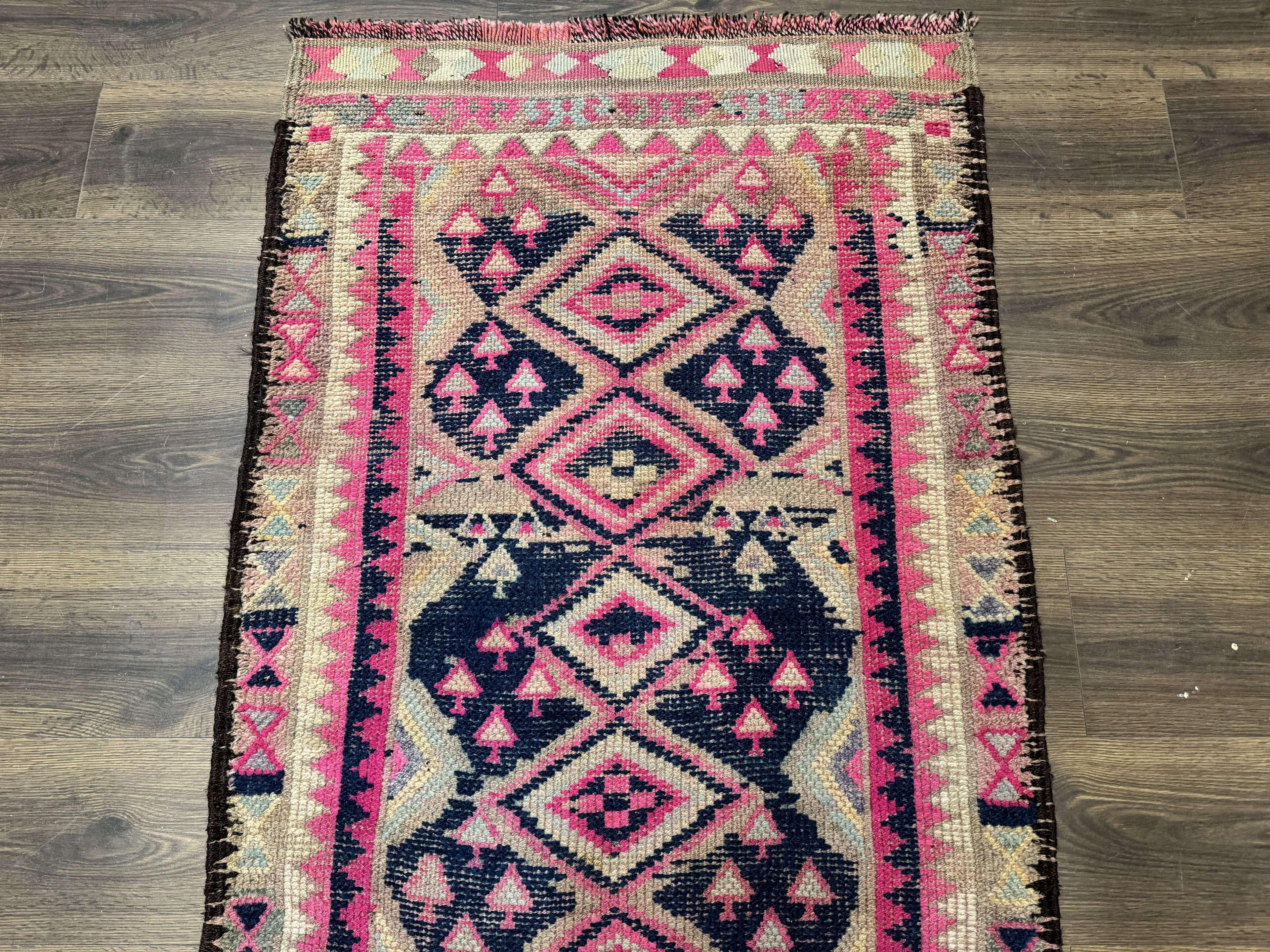 Turkish Runner Rug 3x10, Pink and Navy Blue, Bohemian Runner for Hallway or Kitchen, Vintage, Geometric, Tribal