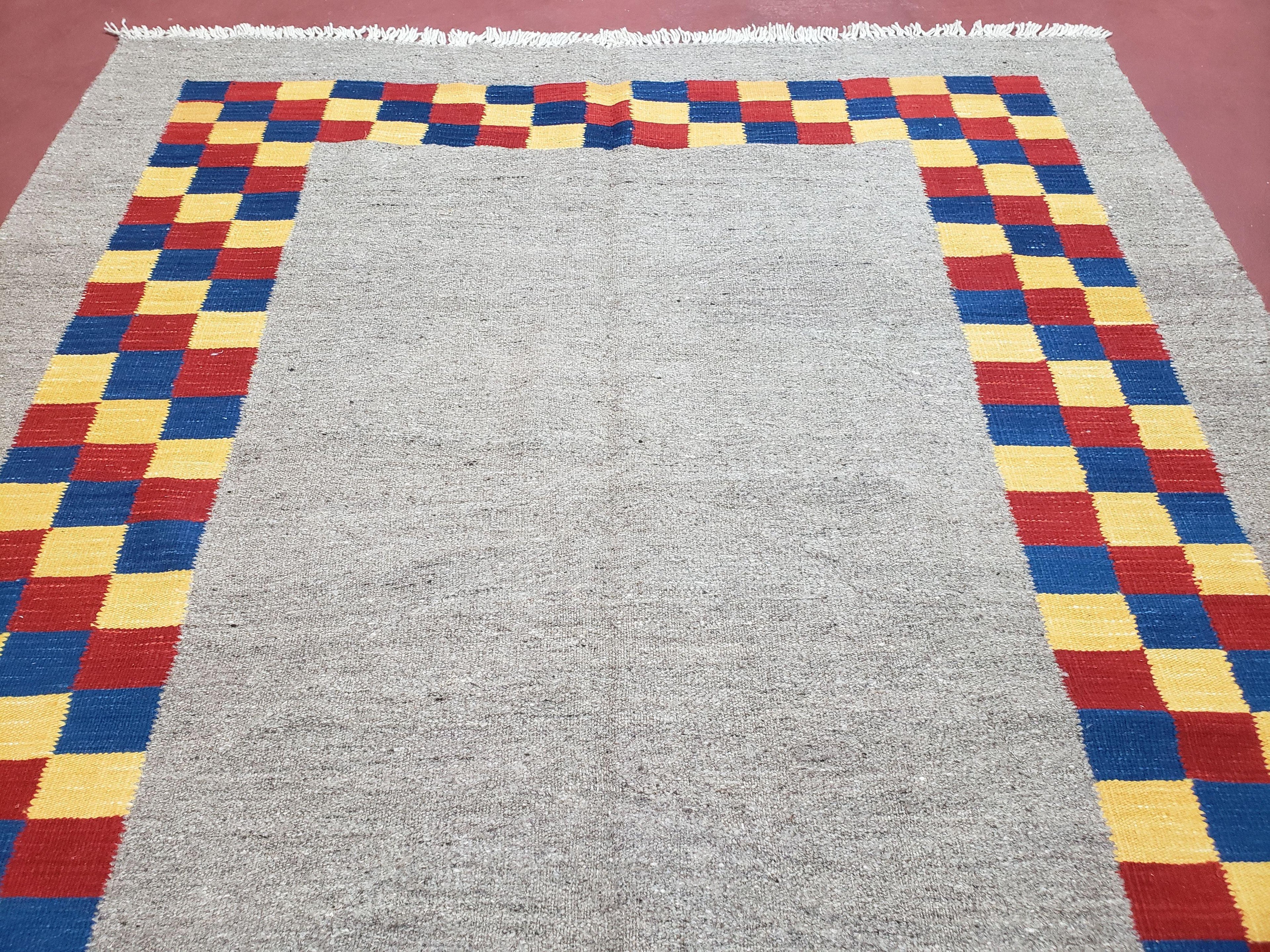 New Turkish Kilim Area Rug, Gray Carpet With Colorful Checker Border, 5'6" x 8", Flatweave Carpet, Playroom Rug, Kids Room Rug, Hand-Knotted