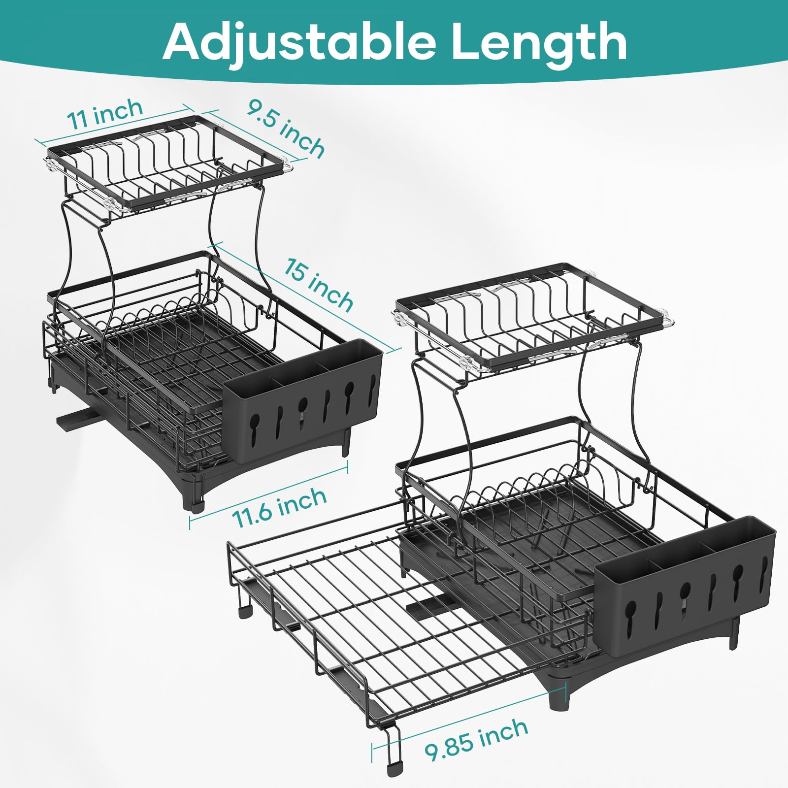 Gtyasm Extendable 2Tier Dish Drying Rack Drainboard & Cutlery Holder Black Large