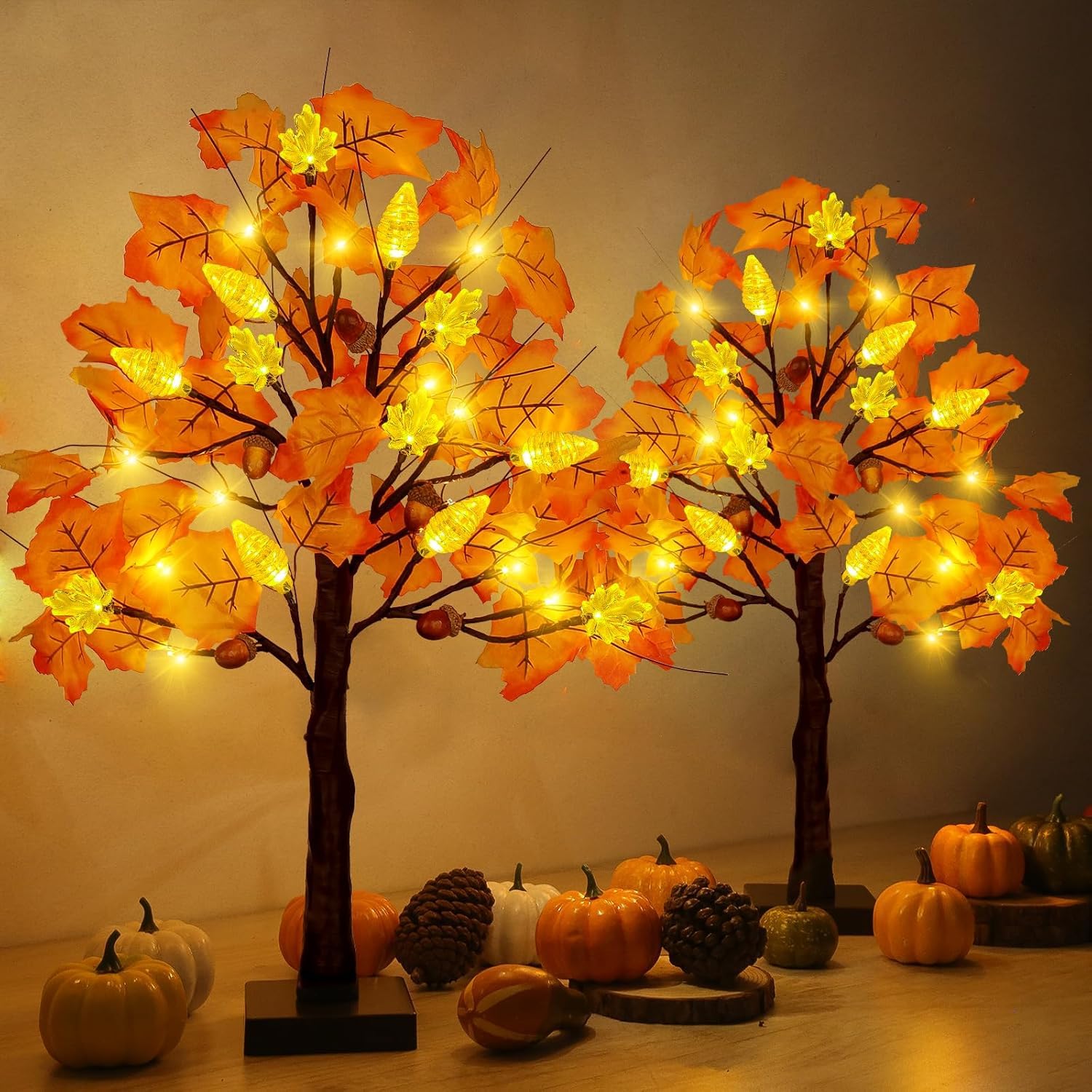 SURCVIO 2 Pack 24in Prelit Fall Maple Tree Decorations 48 LEDs Timer Battery