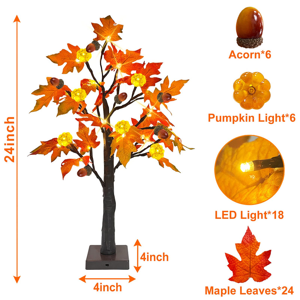 TURNMEON 2Pack 24in Prelit Fall Maple Tree Lights48 LED Timer Battery Orange Red