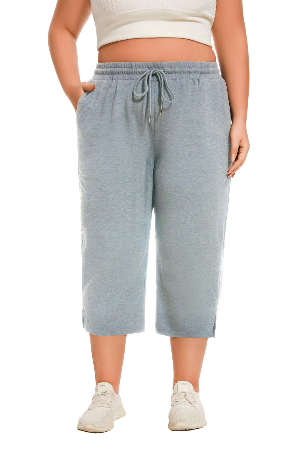 Gyrans Plus Size Wide Leg Yoga Capris Pants with Pockets Light Gray Size 3X