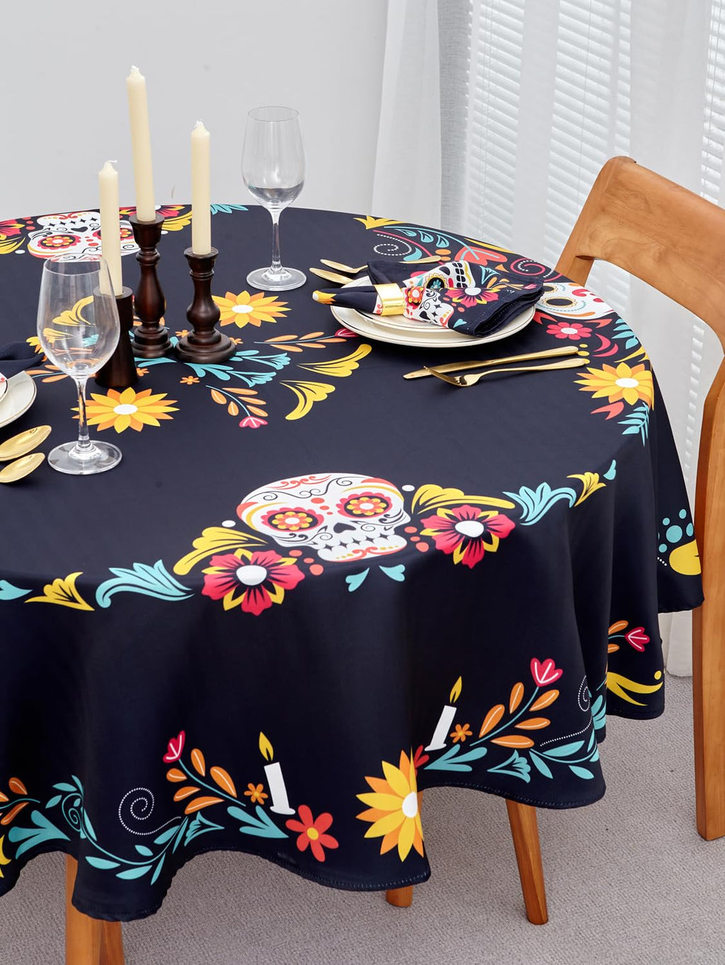 YiHomer Day of The Dead Table Runner Floral Skeleton Mask 14x72