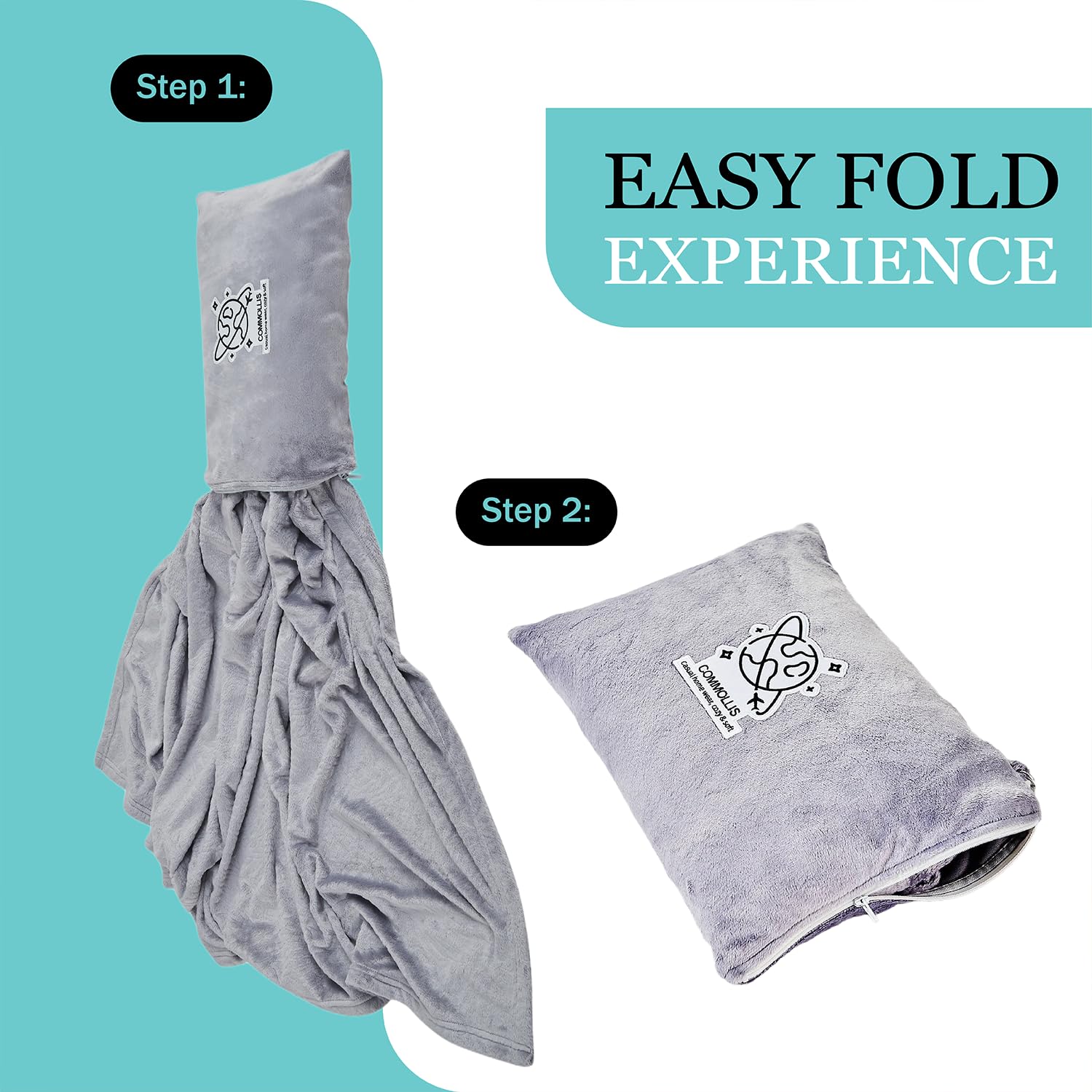 Commollis 2-in-1 Travel Blanket & Pillow Lightgray Compact Warm All-Season