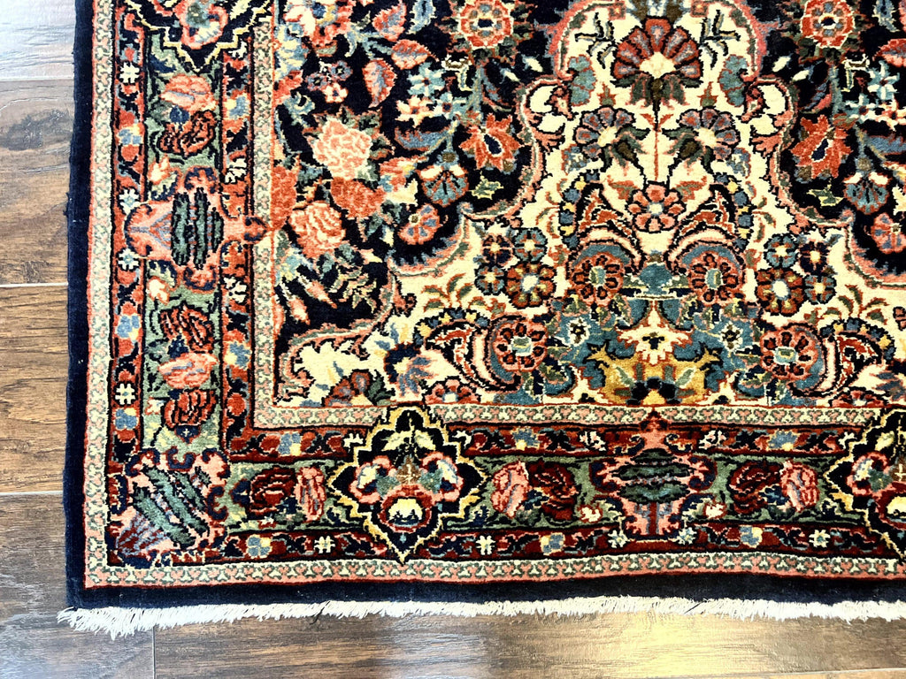 Persian Saoruk Rug 4x5, Navy Blue and Red, Floral, Antique Persian Wool Carpet, Handmade