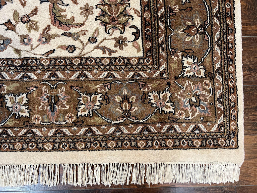 Indo Kirman Rug 8x12 Allover Floral Design, Ivory/Cream Brown, Vintage Handmade Hand Knotted Rug, Traditional Wool Persian Carpet 8 x 12