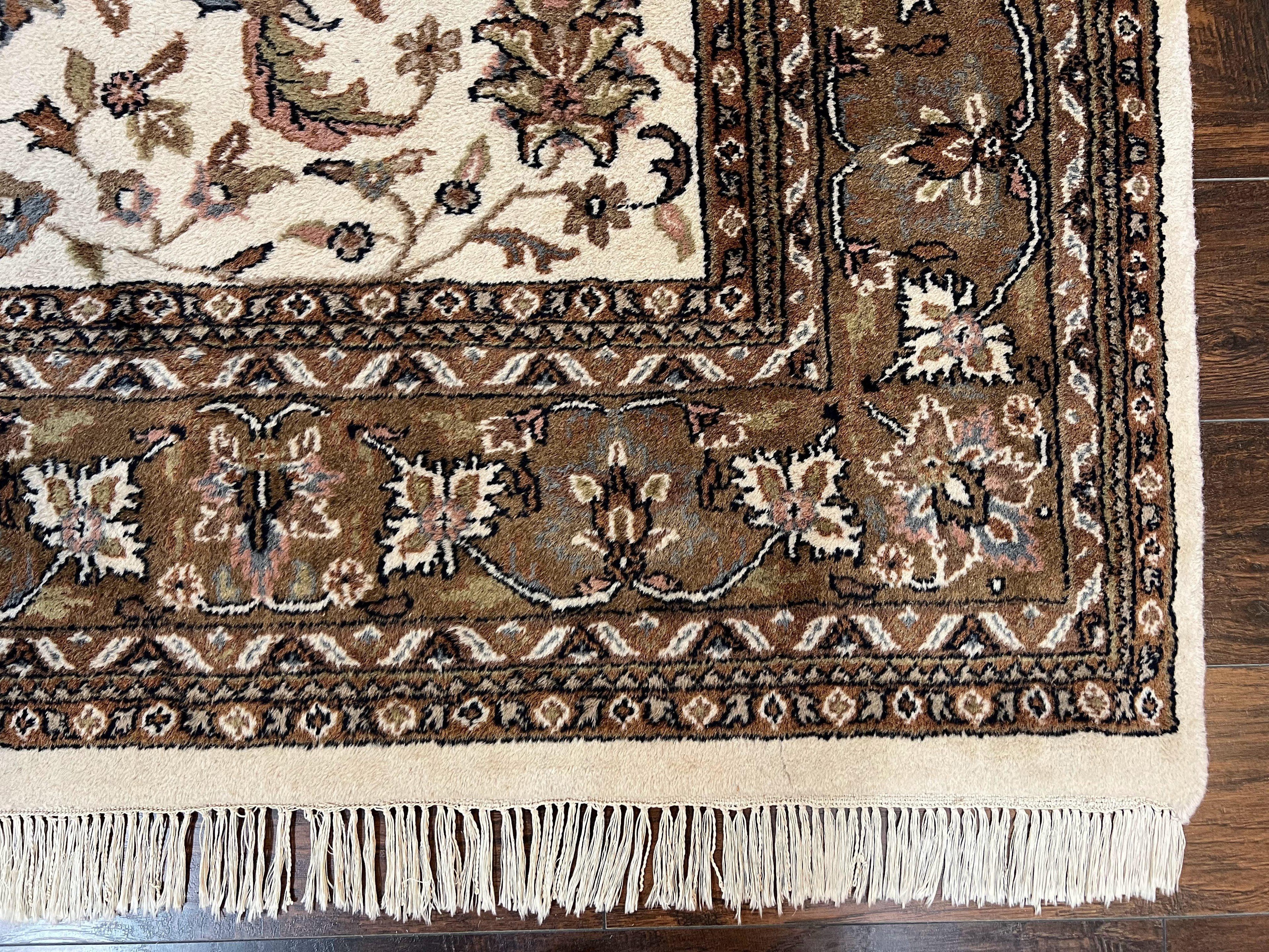 Indo Kirman Rug 8x12 Allover Floral Design, Ivory/Cream Brown, Vintage Handmade Hand Knotted Rug, Traditional Wool Persian Carpet 8 x 12