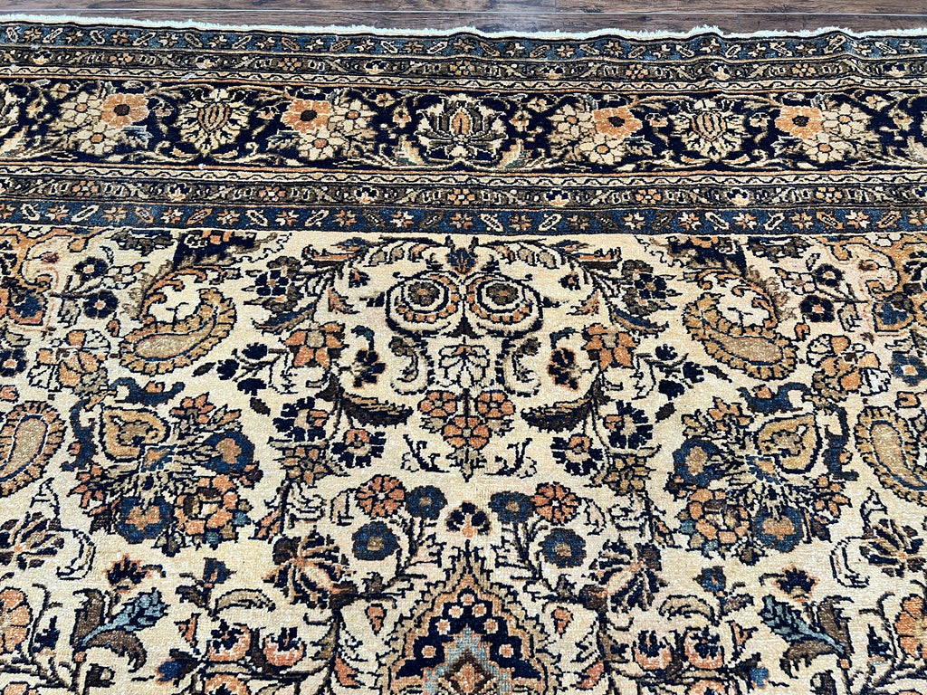 Antique Persian Rug 9x11, Wool Handmade 1920s Oriental Carpet, Persian Hamadan Anjelas Rug, Cream Black, Floral Allover Oriental Rug 9 x 11 Room Sized Rug