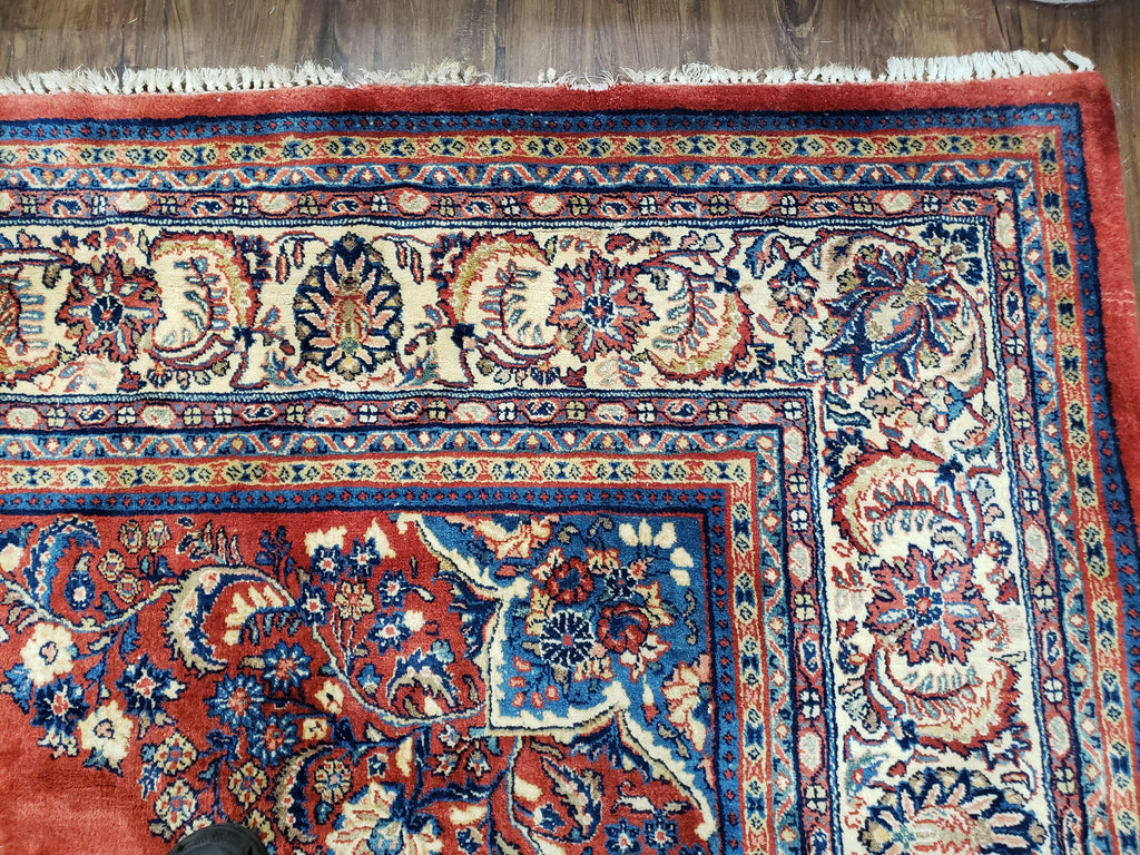 Semi Antique Persian Sarouk Rug 9x12,  Semi Open Field with Central Medallion, Hand Knotted Wool, Tomato Red, 9 x 12 Authentic Oriental Carpet
