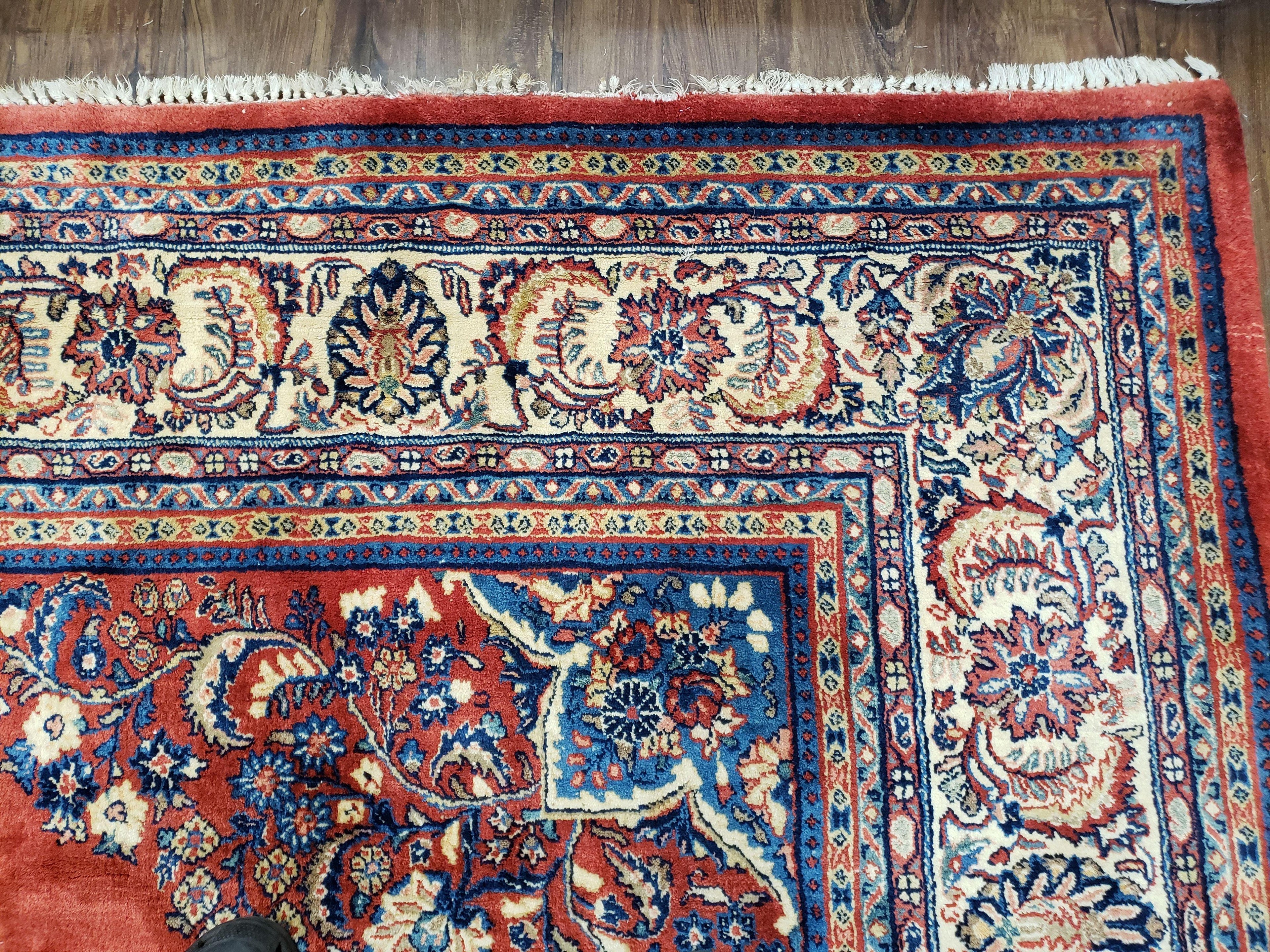 Semi Antique Persian Sarouk Rug 9x12,  Semi Open Field with Central Medallion, Hand Knotted Wool, Tomato Red, 9 x 12 Authentic Oriental Carpet