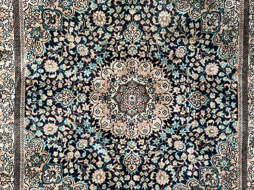 Sino Persian Silk Rug 2x2 ft, Very Fine High KPSI Small Silk Oriental Carpet, Hand-Knotted, Medallion, Vintage Silk Rug, Black Ivory/Cream