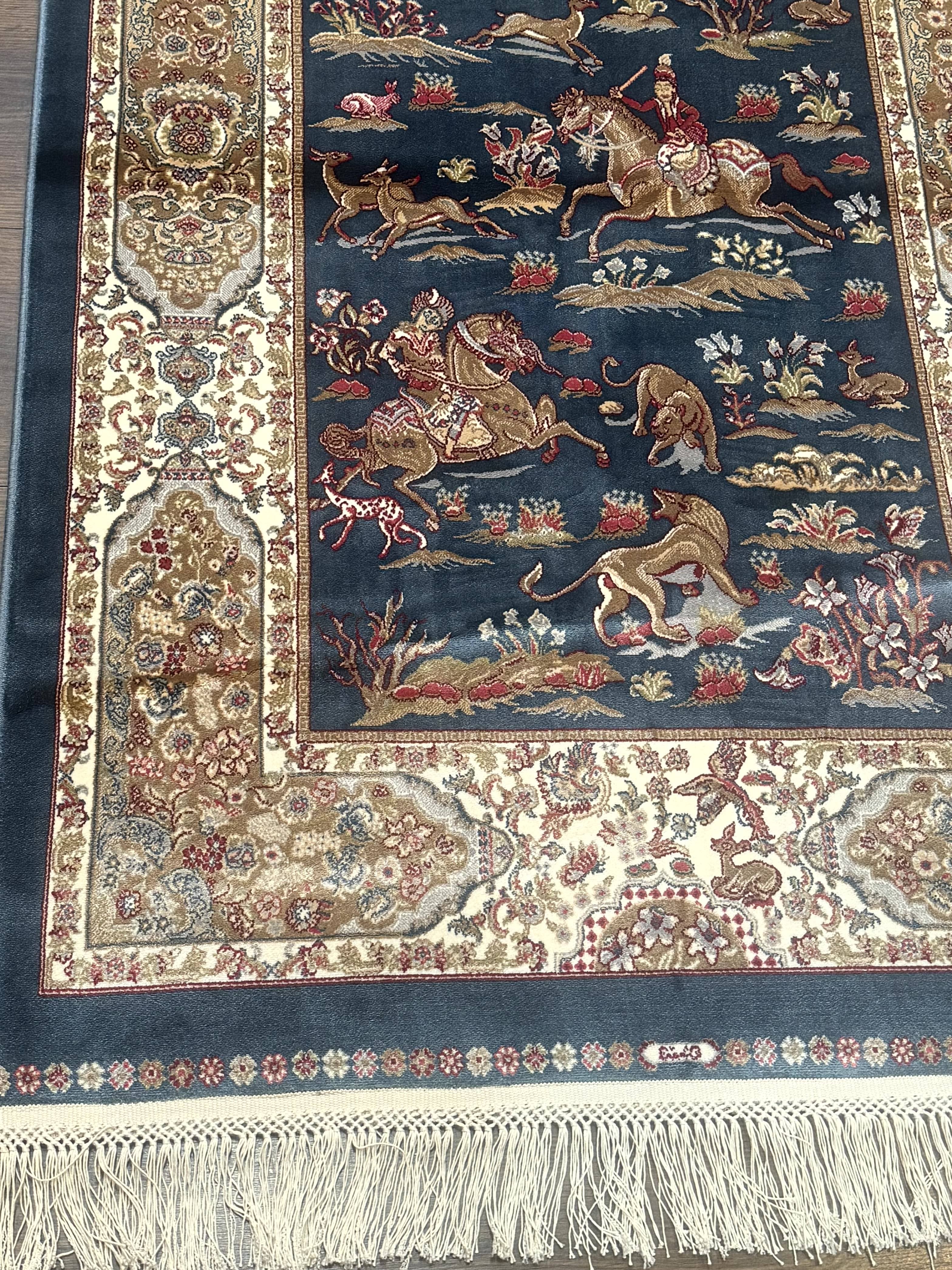 Turkish Silk Hunting Scene Rug 2.6 x 5, Dark Steel Blue & Ivory, Bamboo Silk, New