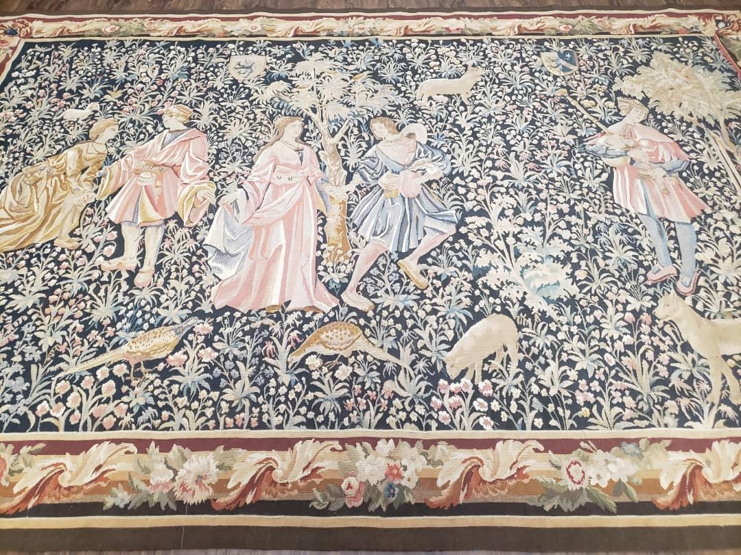 Vintage European Tapestry 5.4 x 7.11, Antique Style European Wall Hanging, Aubusson Weave Handmade Tapestry, Courtship Dating Scene, Animals