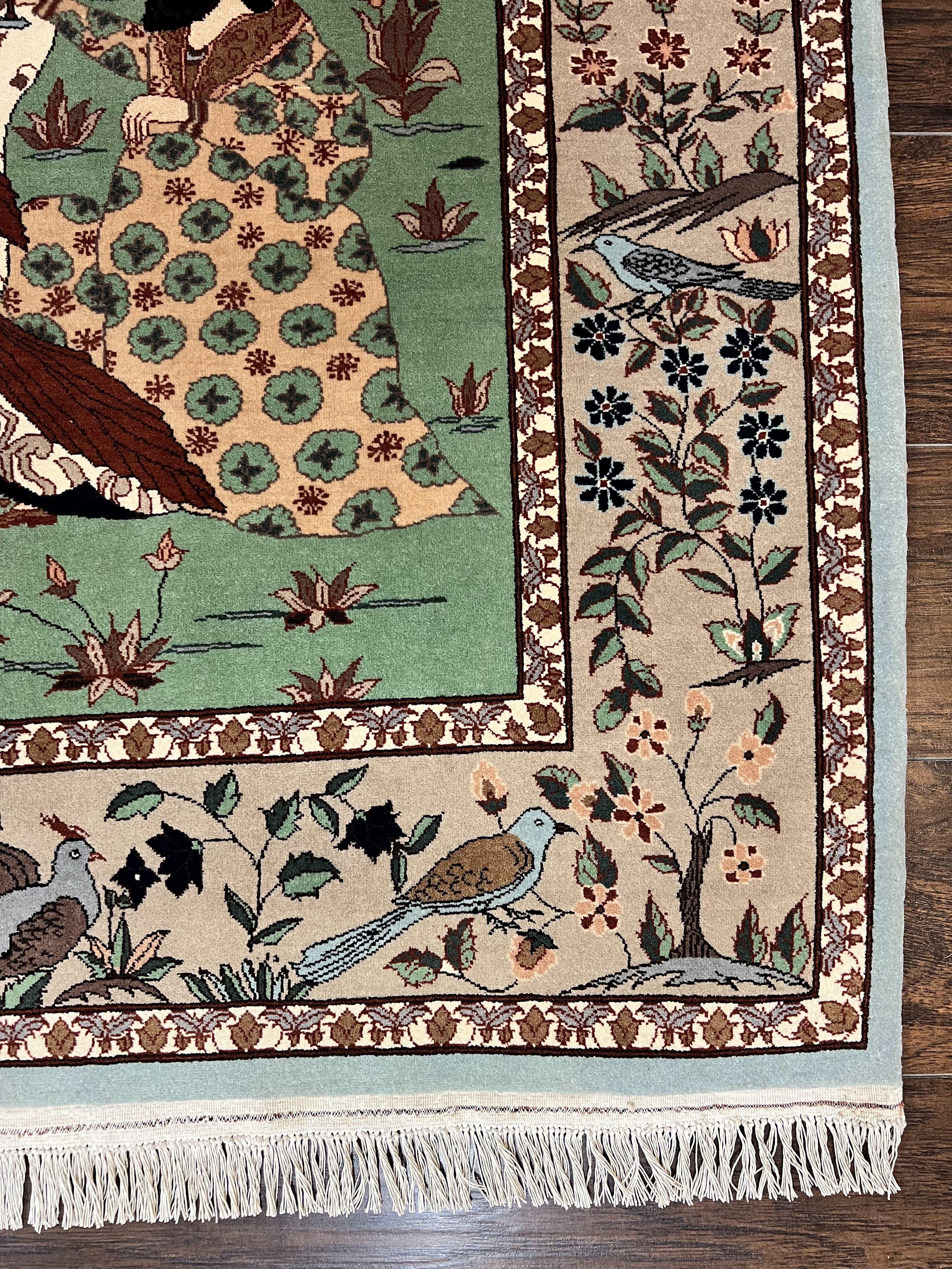Indo Persian Pictorial Rug 4x7, Handmade Hand Knotted Wool Semi Antique Horizontal Carpet, Men & Women Drinking, Fine Rug, Bird Pictorials