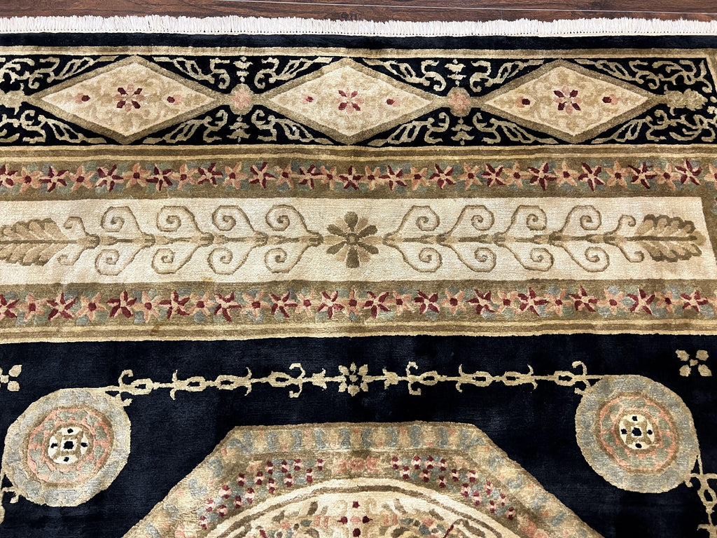 Tibetan Rug 8x10, Nepali Area Rug, Soft New Zealand Wool Carpet 8 x 10 ft, Black Tan Beige, Vintage Handmade Rug, French Aubusson Pattern