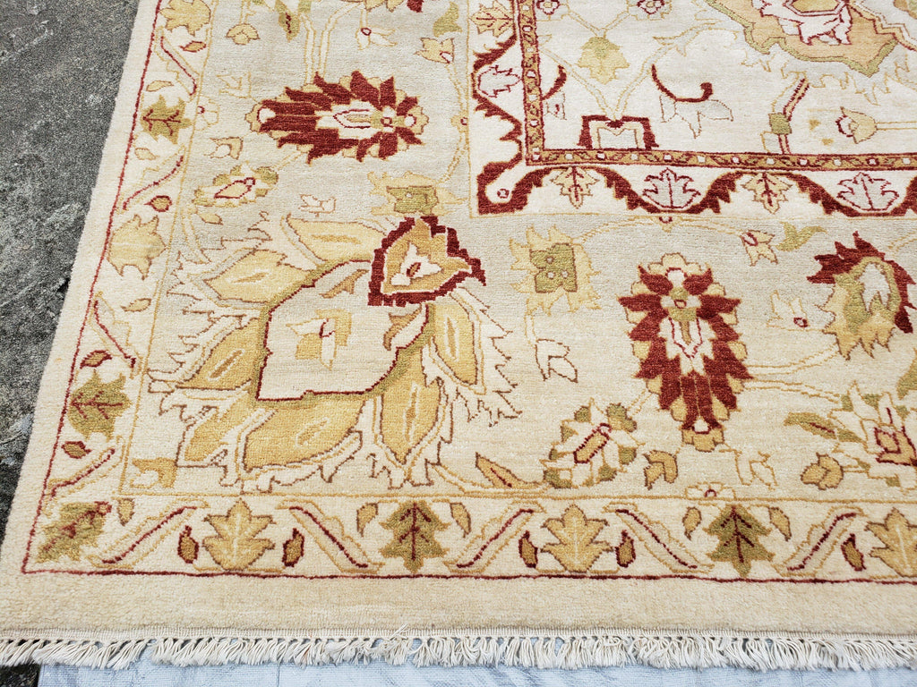 Vintage Oushak Area Rug, Hand-Knotted, Wool, Cream Beige Maroon, 10x15 Rug, 10x14 Rug, Large Oriental Carpet