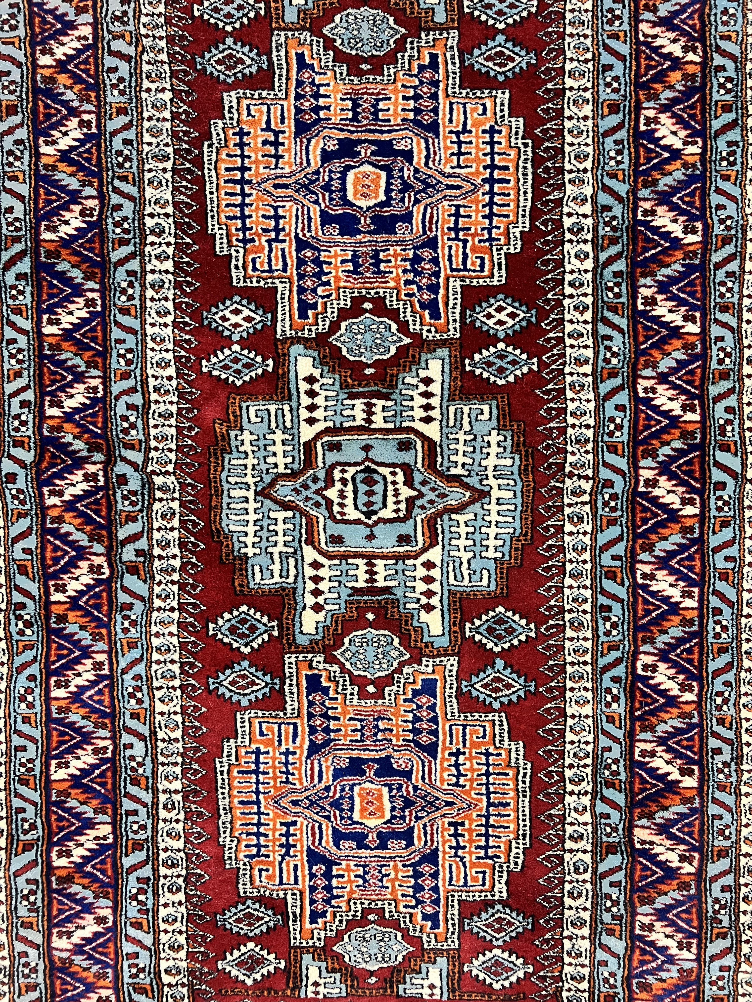 Pakistani Rug 3x5 ft, Caucasian Kazak Design, Geometric Rug, Small Vintage Oriental Carpet, Dark Red Vintage Handmade Wool Rug 3 x 5