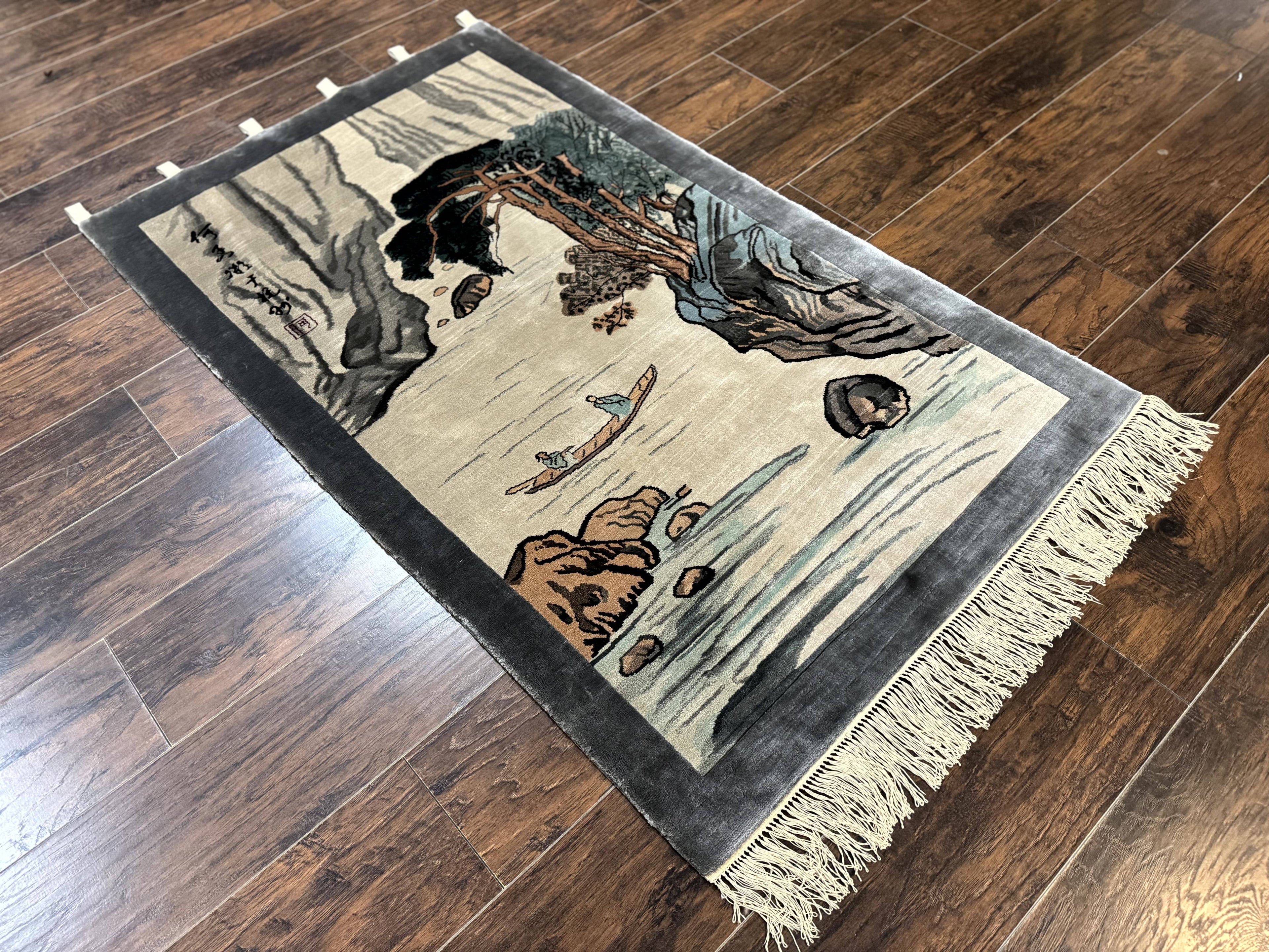 Chinese Silk Wall Hanging 3x5, Handmade, River and Boat Scene, Rug Tapestry