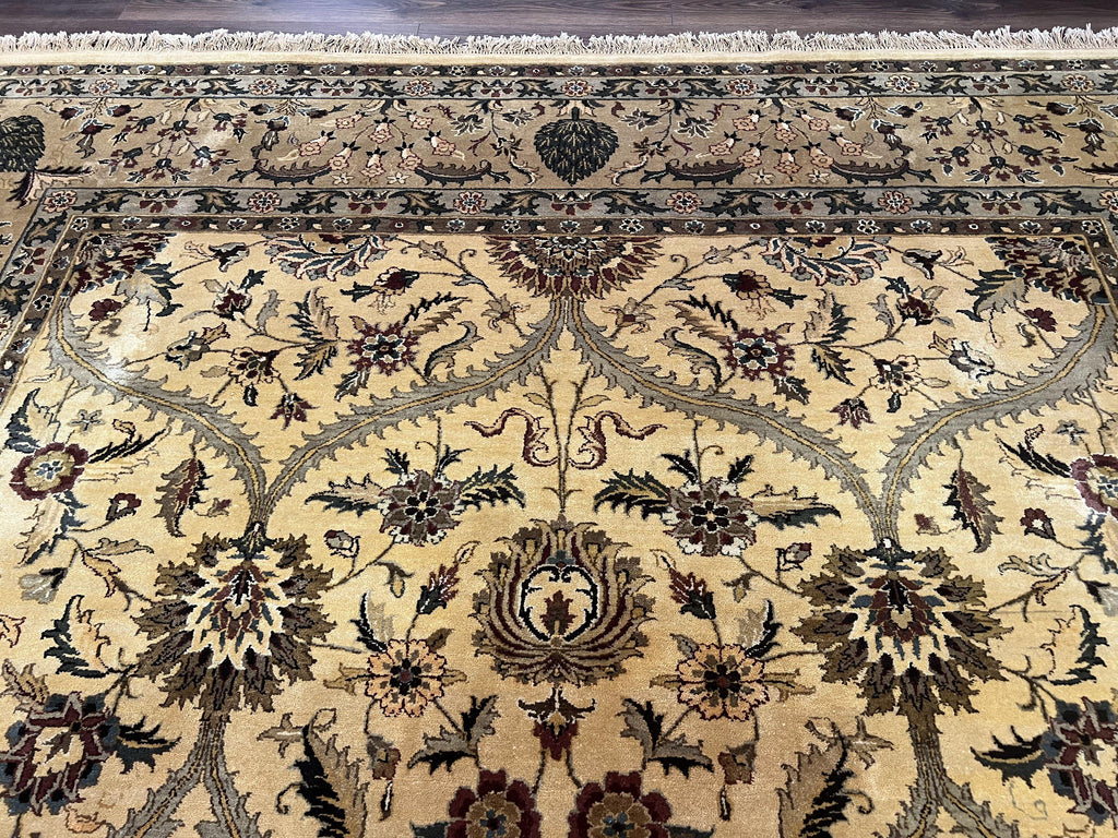 Indo Persian Mahal Rug 10x14, Wool Hand Knotted Oriental Carpet, Cream Floral Allover, Vintage Area Rug 10 x 14, Traditional Rug, Handmade