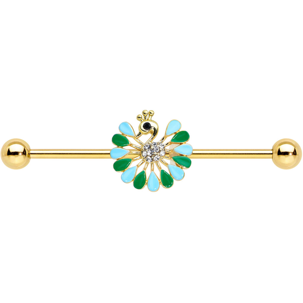 14G Clear Black Gold Tone Pretty Peacock Industrial Barbell 38mm