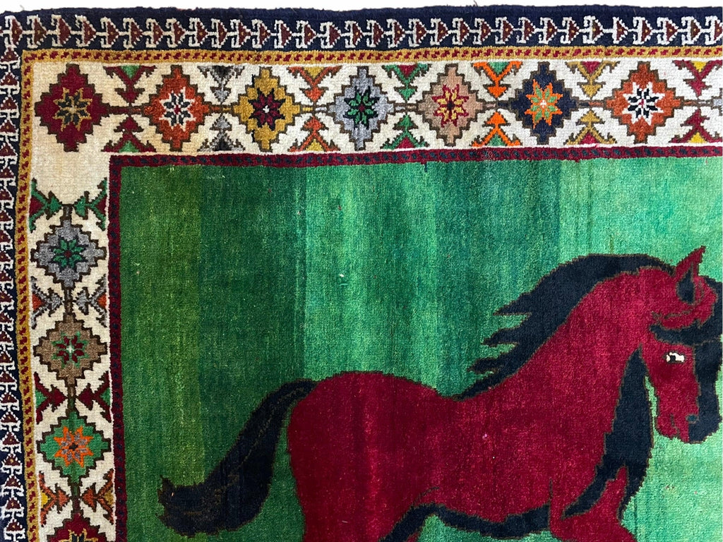 4 X 7 Handmade Rug Zagros Quality Wool Pictorial Horses Green Butterfly Colorful
