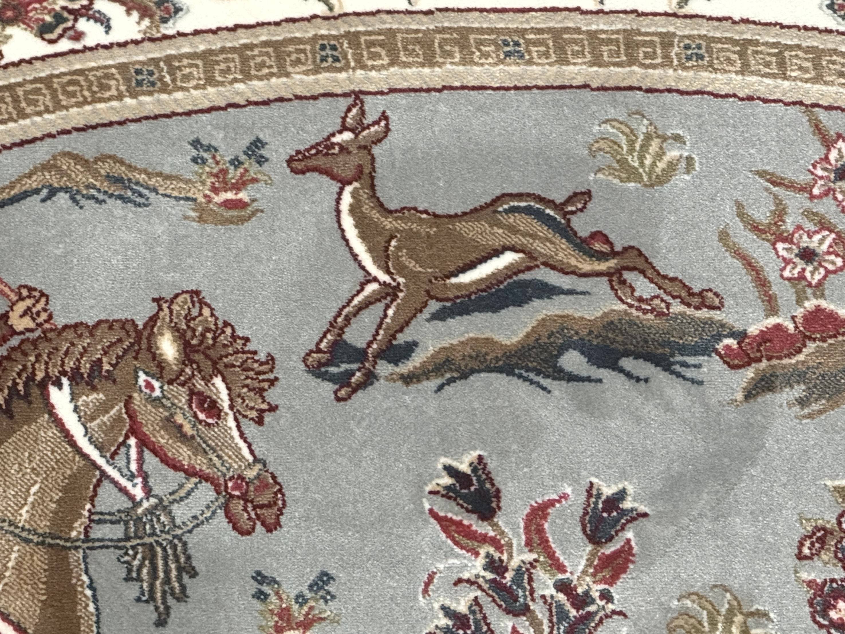 Round Silk Rug 6x6, Hunting Design, Bamboo Silk, Animal Pictorials