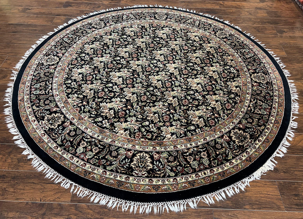 Round Oriental Rug 8x8 ft, William Morris Floral Pattern Carpet, 8 x 8 ft Round Rug, Black Cream and Tan 8ft Round Handmade Indo Persian Rug