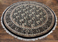Round Oriental Rug 8x8 ft, William Morris Floral Pattern Carpet, 8 x 8 ft Round Rug, Black Cream and Tan 8ft Round Handmade Indo Persian Rug
