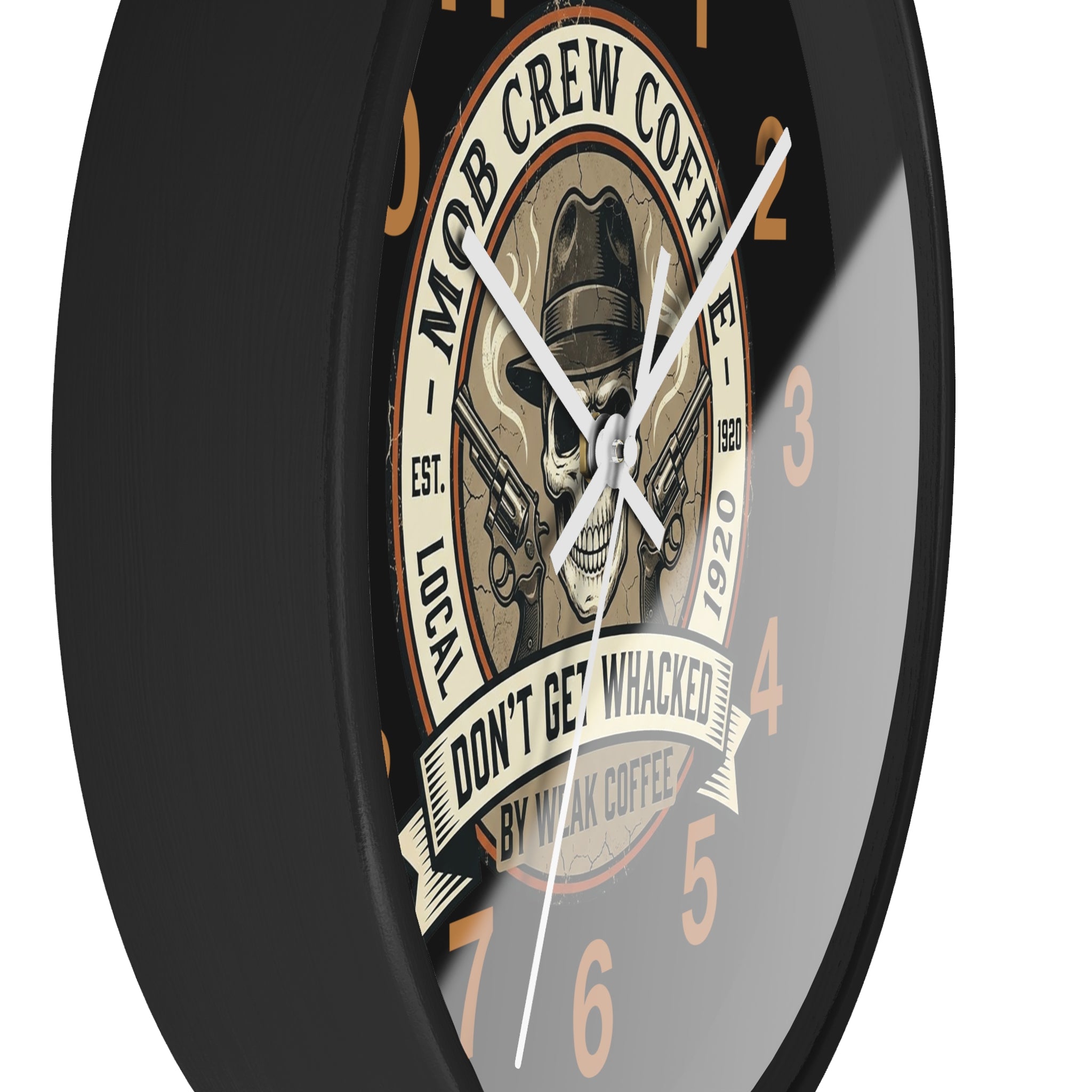 Mob Crew Coffee Wall Clock  “Don’t Get Whacked by Weak Coffee” Vintage Skull Clock