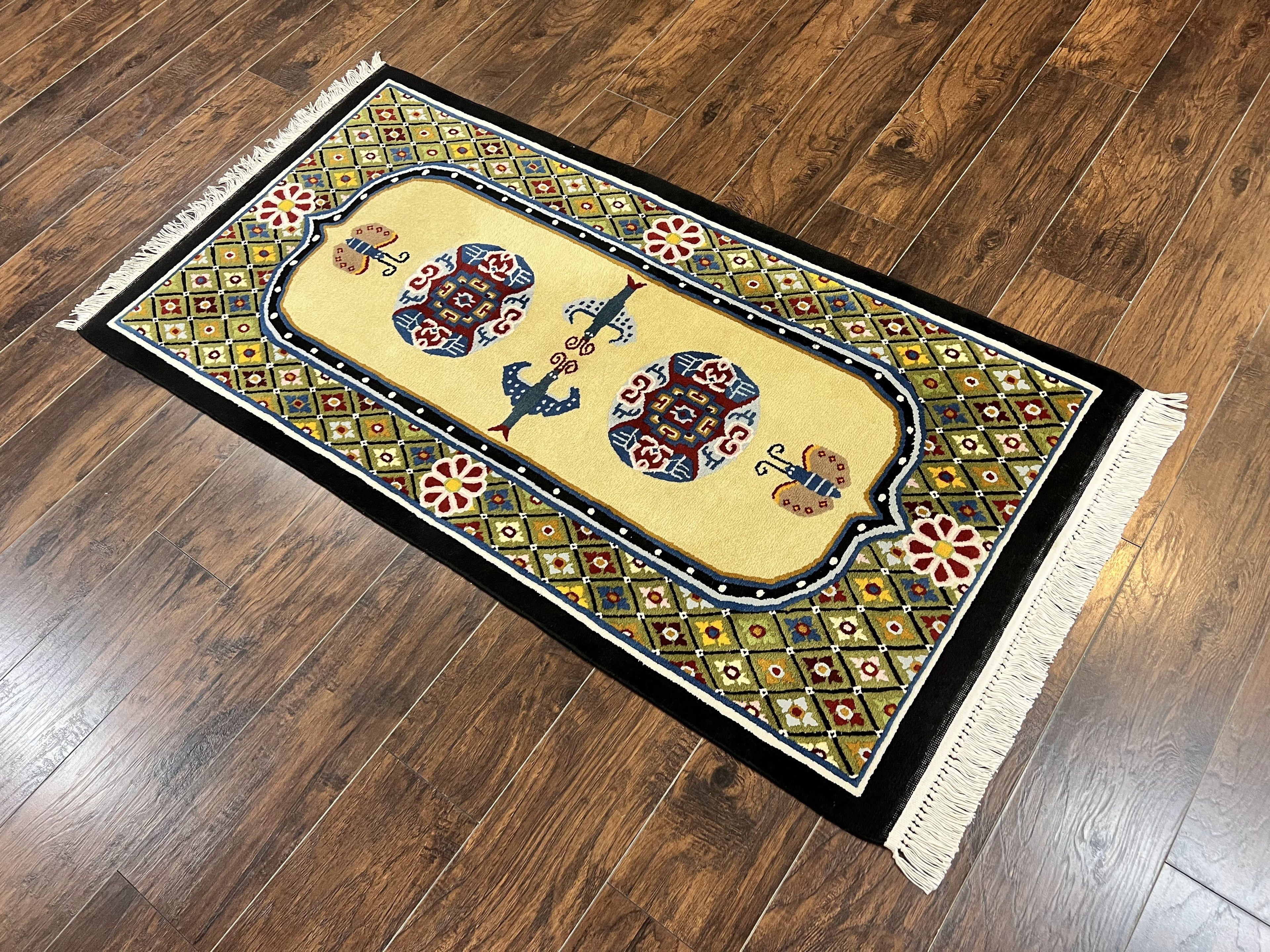 Chinese Rug 3x6 ft, Chinese Wool Rug, Tiensin Rug, Handmade Wool 3 x 6 Vintage Peking Rug, Art Deco Rug, Butterflies