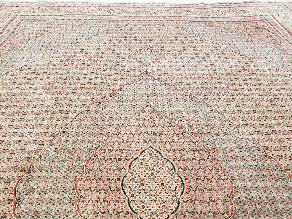 Stunning Oversized Pak Persian Oriental Rug 12x15, Hand Knotted Wool & Silk Palace Sized Carpet, Mahi Pattern, Very Fine, Peach Beige, Wow
