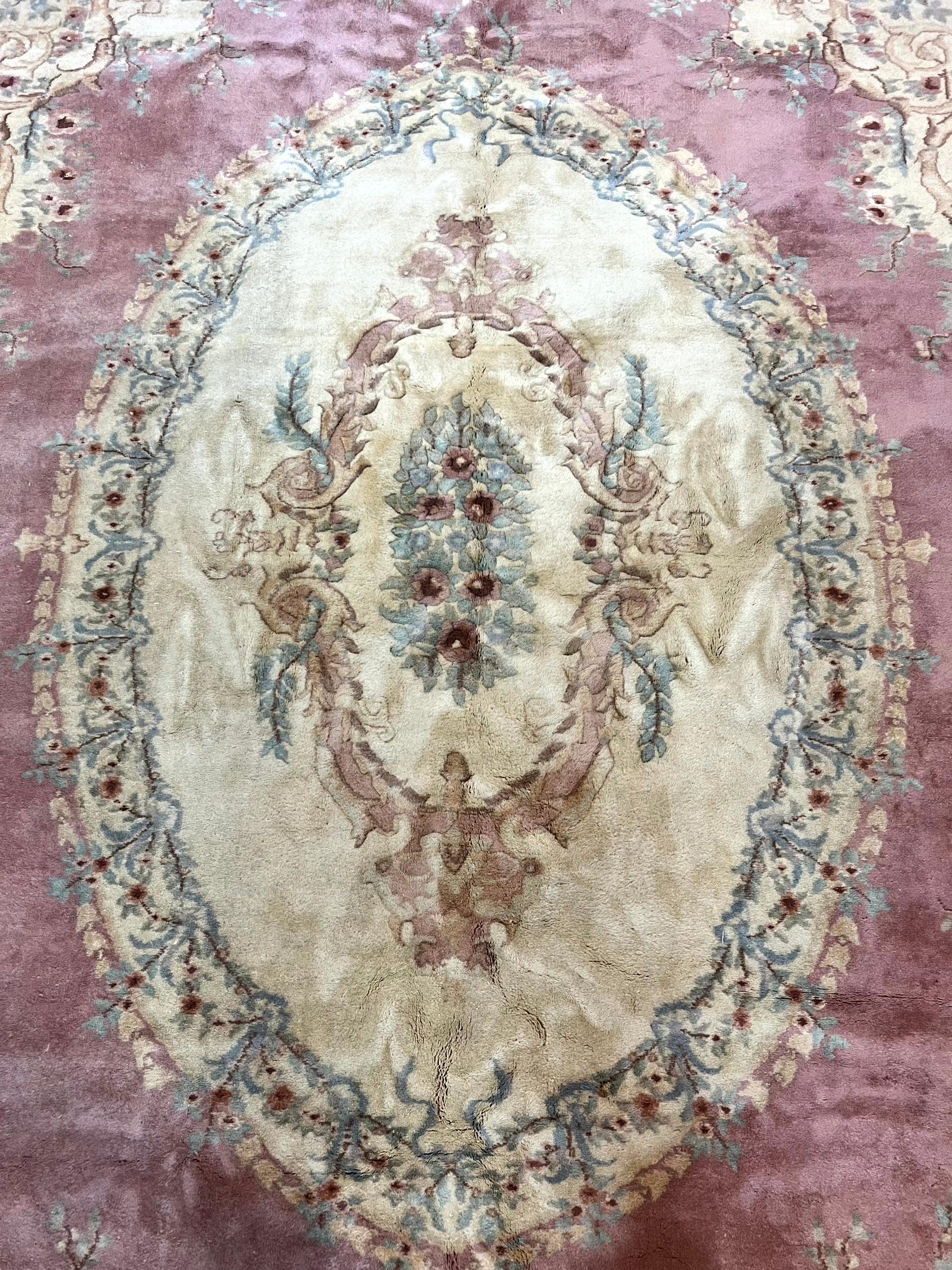 Indo Chinese Aubusson Wool Rug 10x14, Pink and Cream, Handmade Vintage Wool Carpet, Elegant European Design