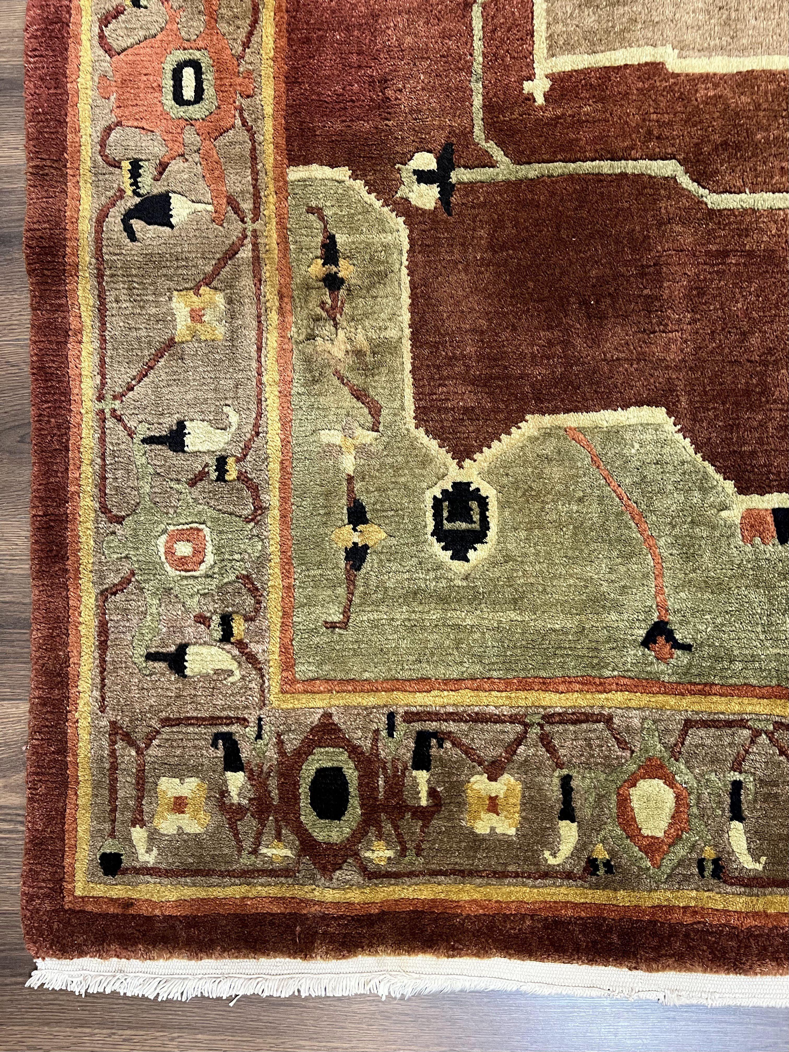 Tibetan Rug 7x10, Geometric Medallion, Red Green Taupe, Hand Knotted, Soft Wool Area Rug, Contemporary Carpet, Handmade Nepali Rug 7 x 10 ft