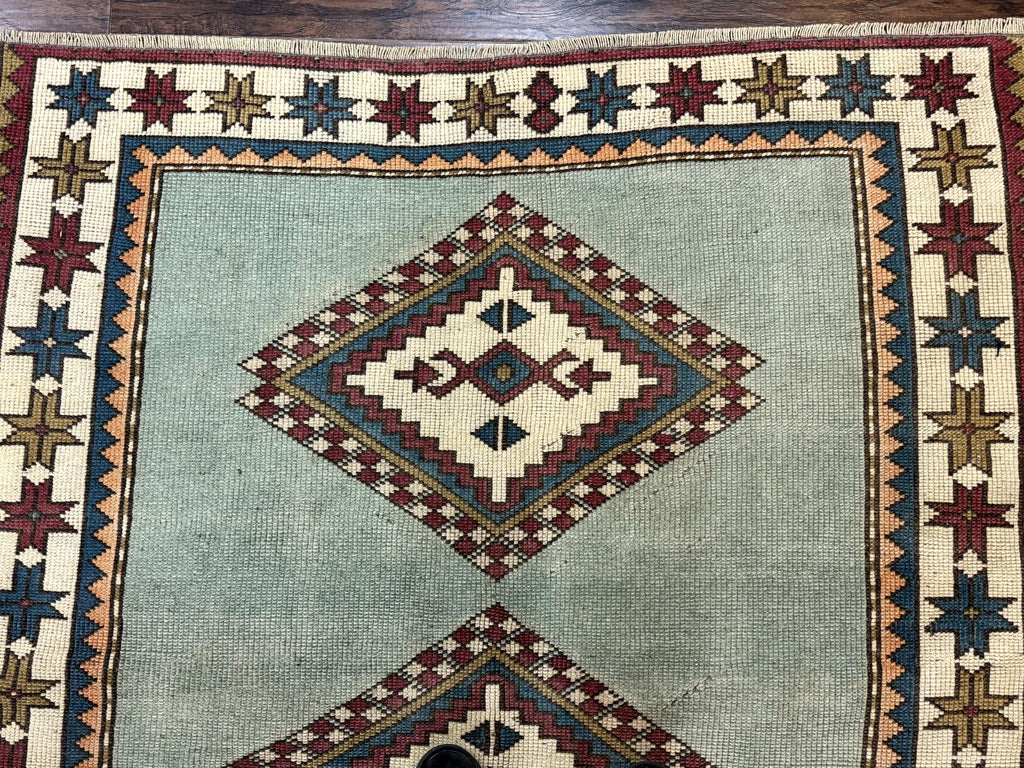 Turkish Kazak Rug 4x6, Geometric Medallion, Caucasian Design Rug, Semi Antique Vintage, Mint Green Maroon Ivory