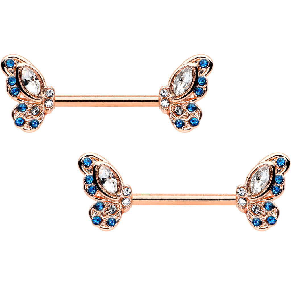 14G 9/16 Clear Blue Gem Rosy Tone Butterfly Wing Nipple Ring Set